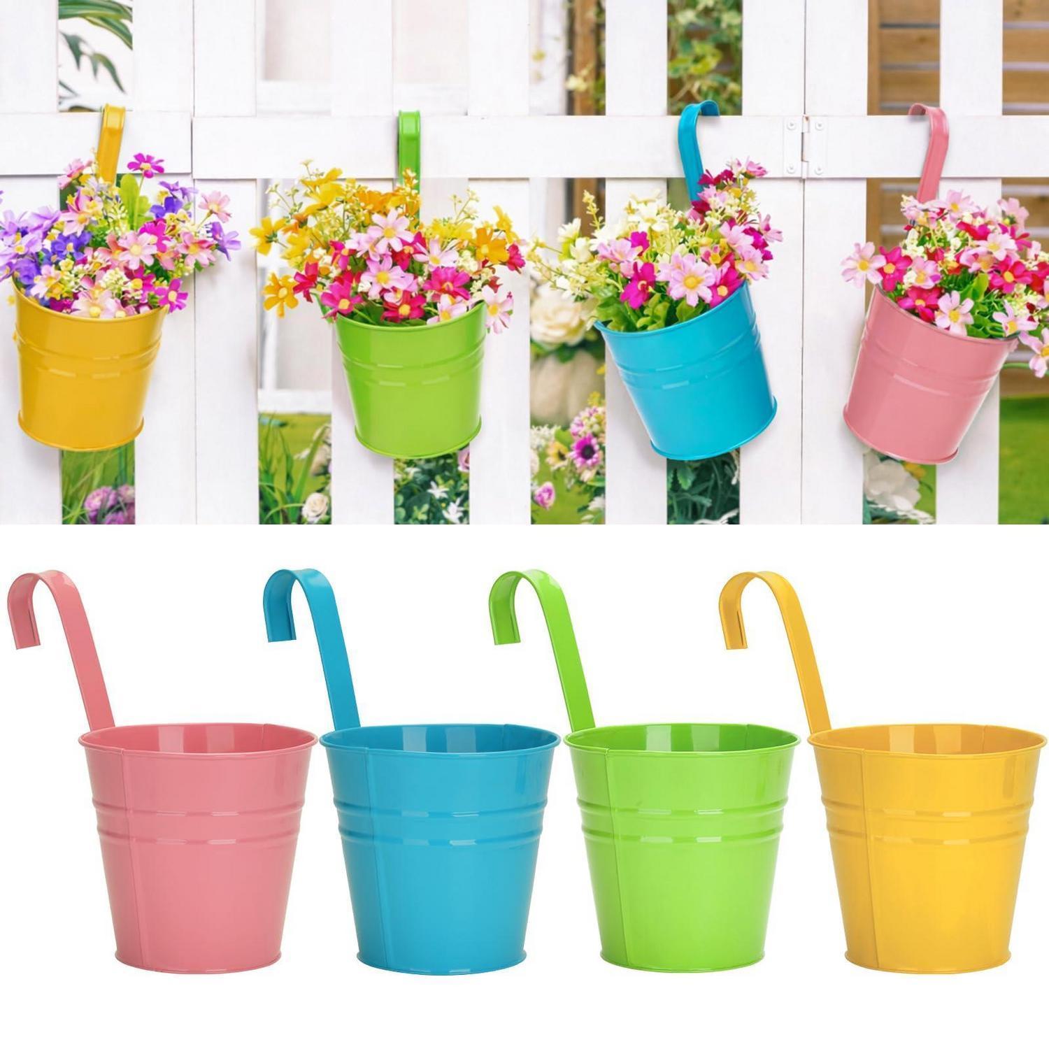 4er Set Hänge-blumentöpfe Metall 10cm Bunt Mit Haken & Ablaufloch