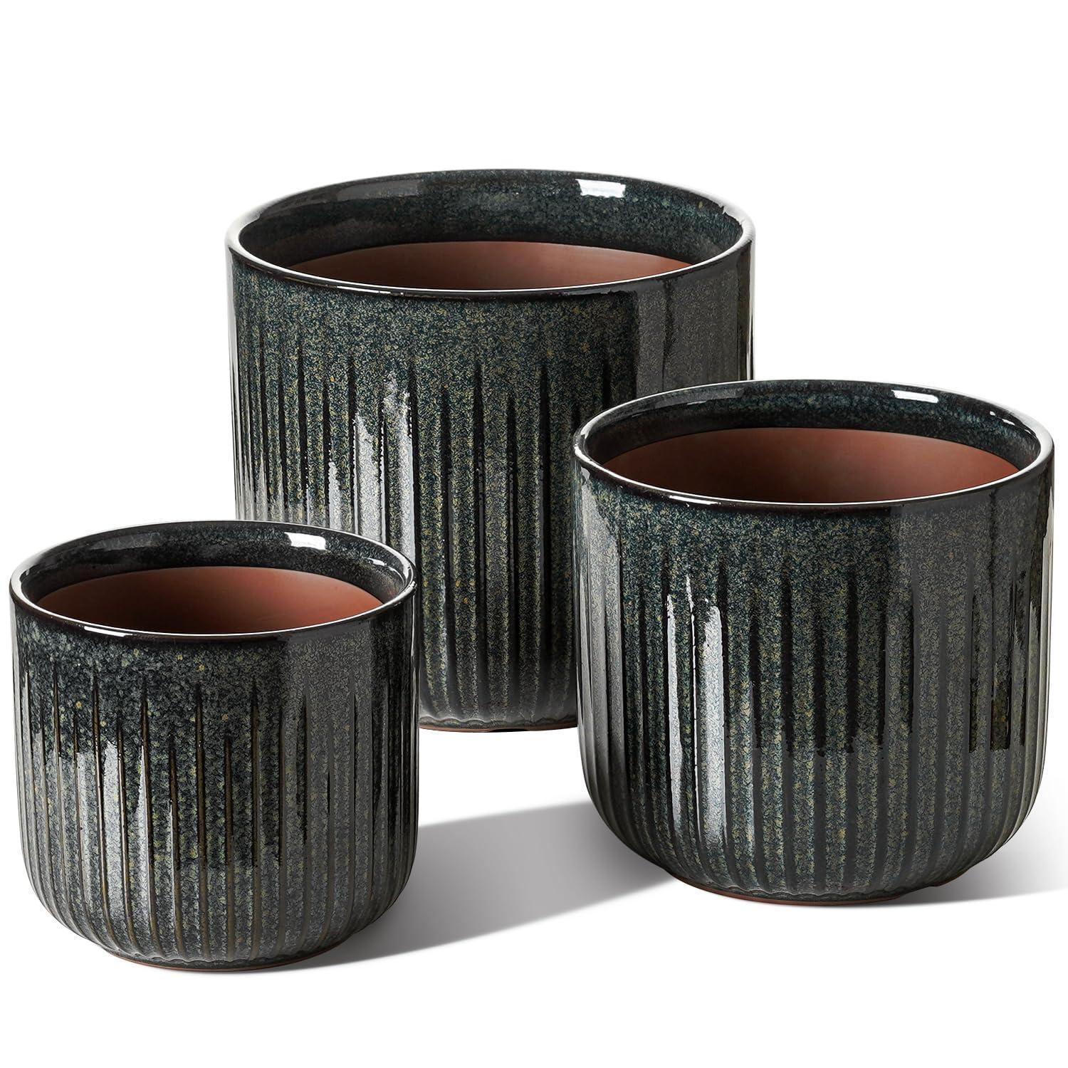 3er Set Blumentöpfe Keramik Dunkeloliv 21+17+14 Cm Mit Drainageloch
