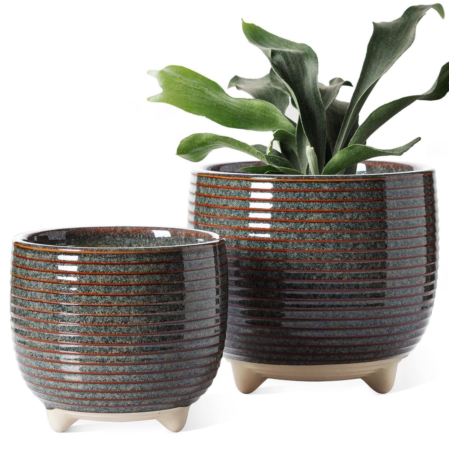 Keramik Blumentopf Set Mit Füßen, 2er Pack, 12+16cm, Schwarz, Mit Abflussloch