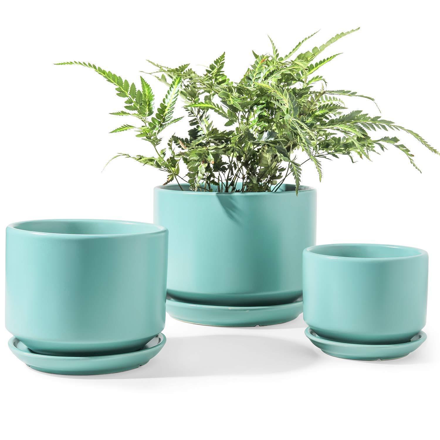 3er Set Keramik Blumentöpfe Mit Untersetzer Und Ablaufloch, Aqua