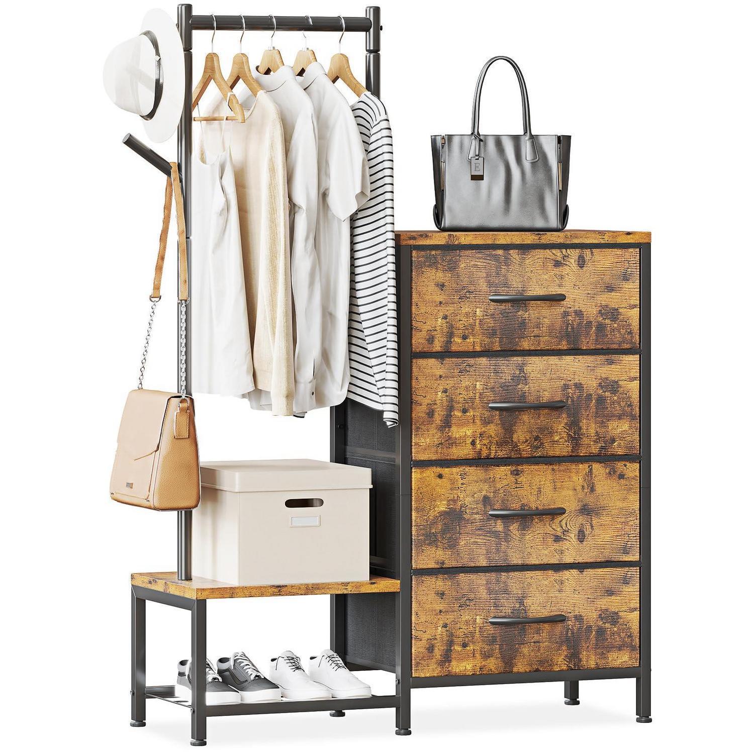 3-in-1 Kommode Mit Kleiderständer, 4 Stoffschubladen, Schuhregal Und Haken