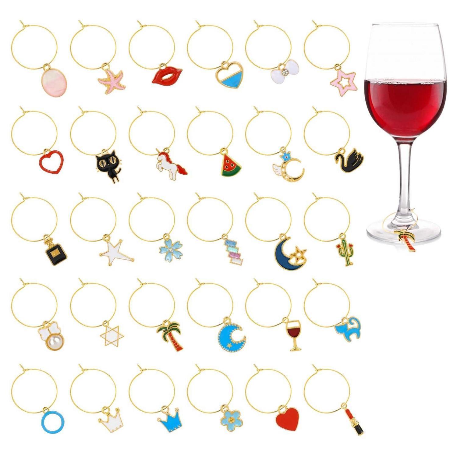 30er Set Weinglas Anhänger Mit Schnalle, Bunte Motive, Goldfarben