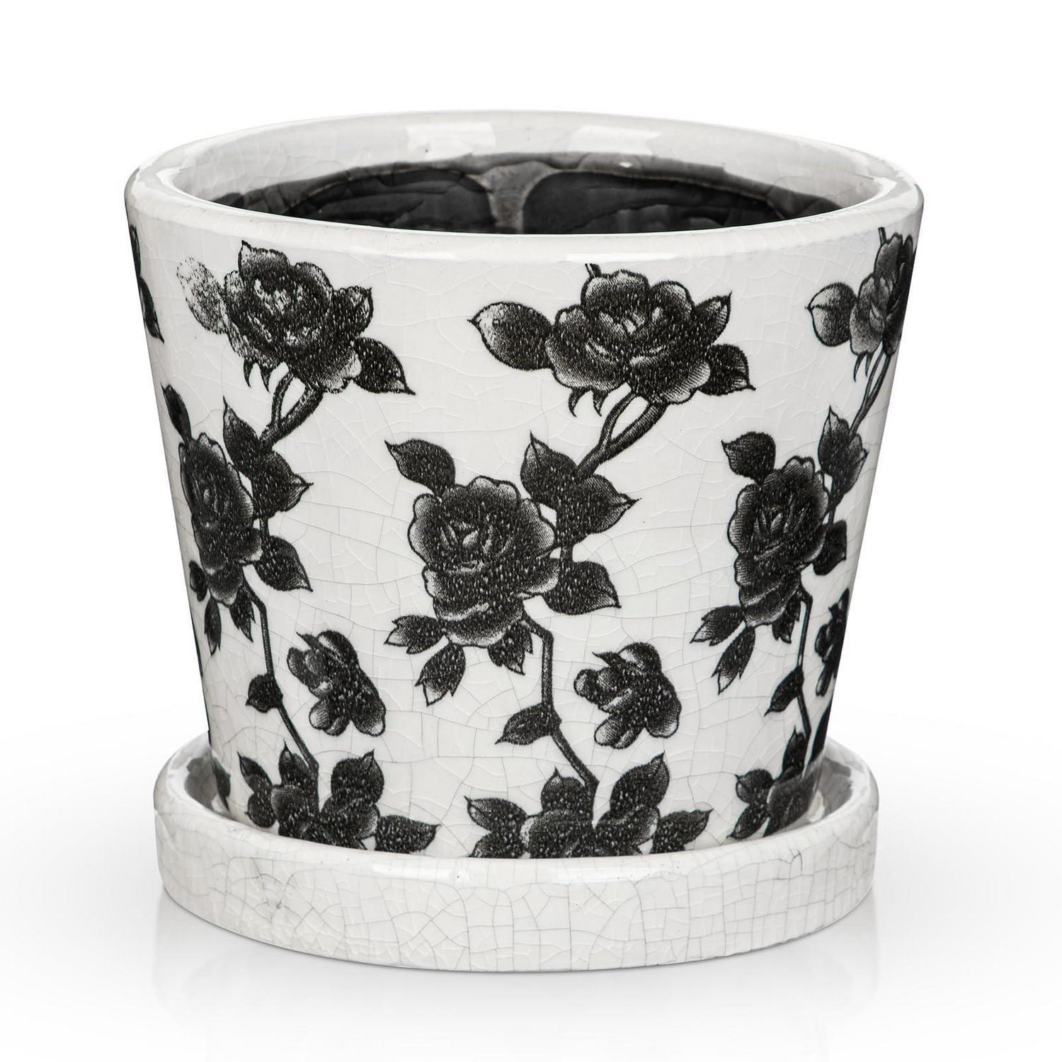 Keramiktopf Mit Untersetzer, 14cm, Für Sukkulenten & Kakteen, Schwarz-rosen