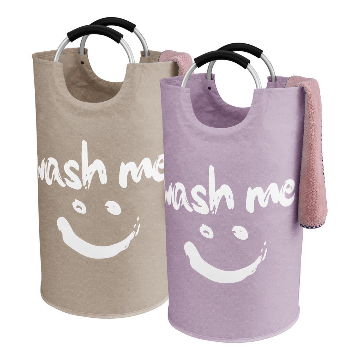2er Set Wäschekorb 95l Faltbar, Stoff Wäschetonne Mit Griffen, Violett/khaki