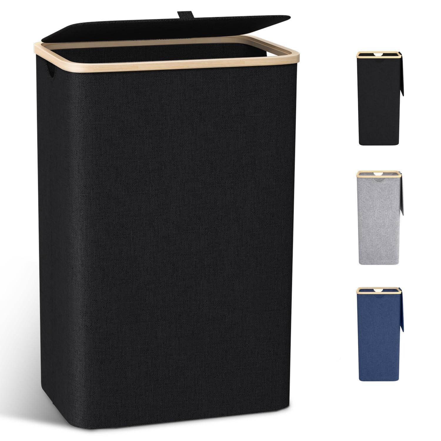 Schmaler Wäschekorb 100l Mit Bambusdeckel & Herausnehmbarem Wäschesack