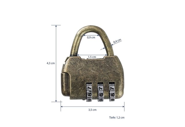 HMF Vintage Deko Zahlenschloss Vorhängeschloss 3-Stellig 43 x 35 x 12 mm Gold