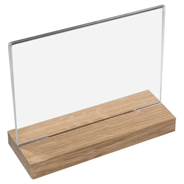 HMF 46945 Acryl Tischaufsteller mit Holzfuß DIN A4 Querformat Glasklar