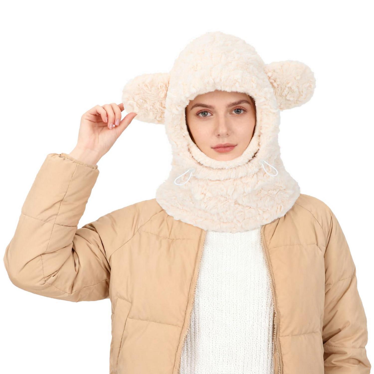 Damen Plüsch Balaclava 3-in-1 Mit Bärenohren, Winddicht, Beige