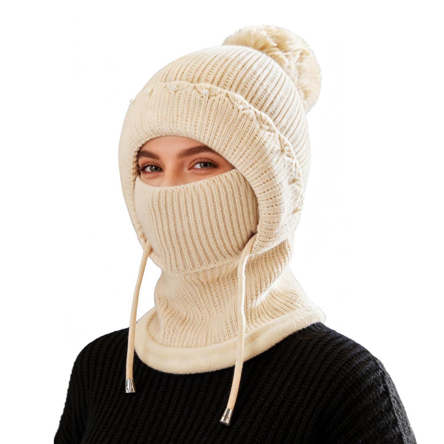 Warme Sturmhaube Mit Gesichtsschutz Für Damen, Winddicht, Fleece, 3-in-1, Beige