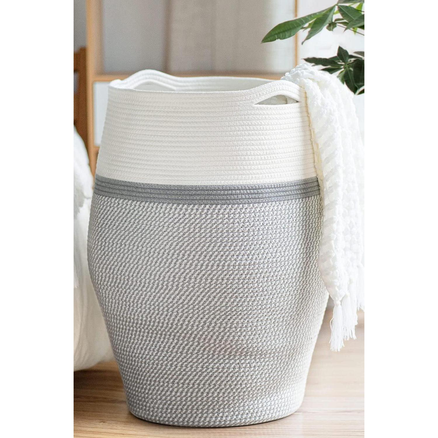Großer Wäschekorb Aus Baumwollseil, 65cm, Geflochten, Mit Henkel