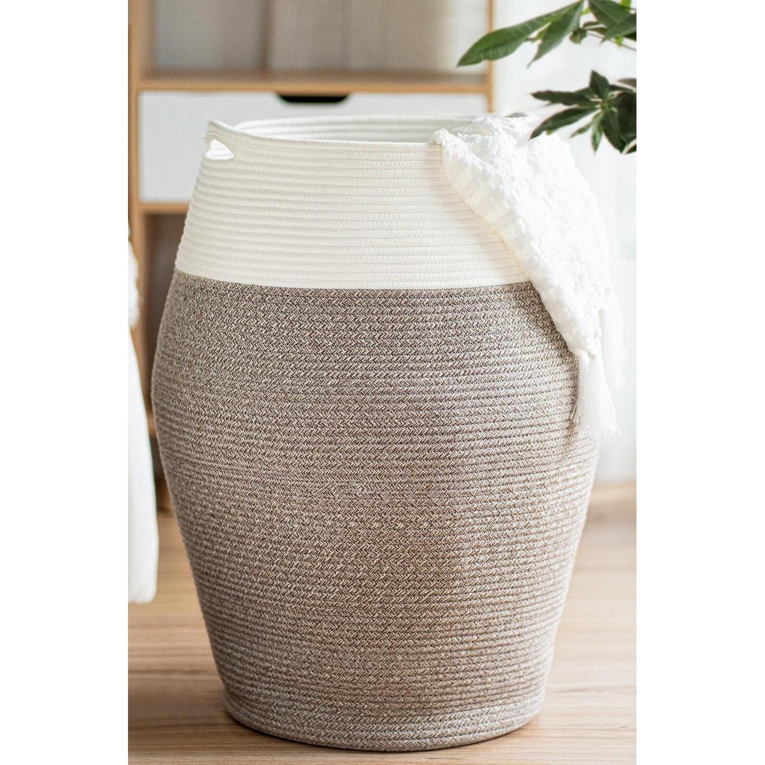 Großer Wäschekorb 105l Aus Baumwollseil, Weiß-braun, 65cm Hoch