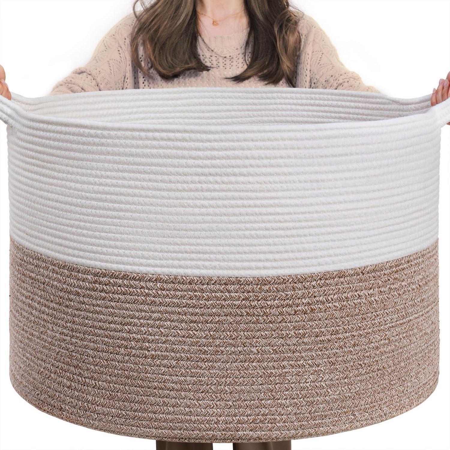 Xxl Wäschekorb Aus Baumwolle, Aufbewahrungskorb Mit Griff, 55x35cm, Weiß/braun