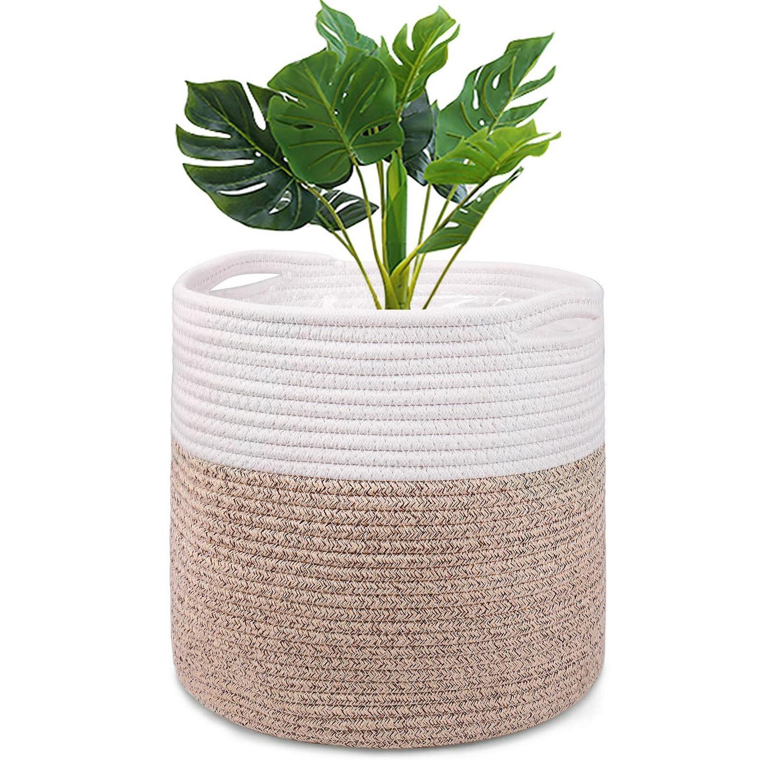 30cm Blumentopf Mit Einsatz Aus Baumwolle, Gewebter Aufbewahrungskorb Für Zimmerpflanzen, Weiß & Khaki
