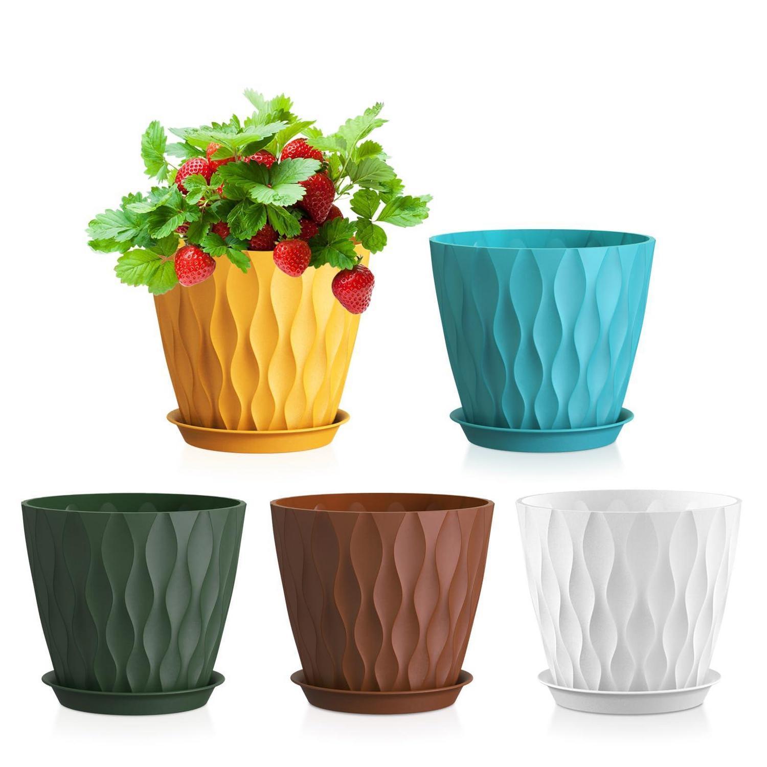Blumentöpfe 5er Set Ø 12,7 Cm Mit Untersetzer, Kunststoff, Abflusslöcher, Wellenstruktur