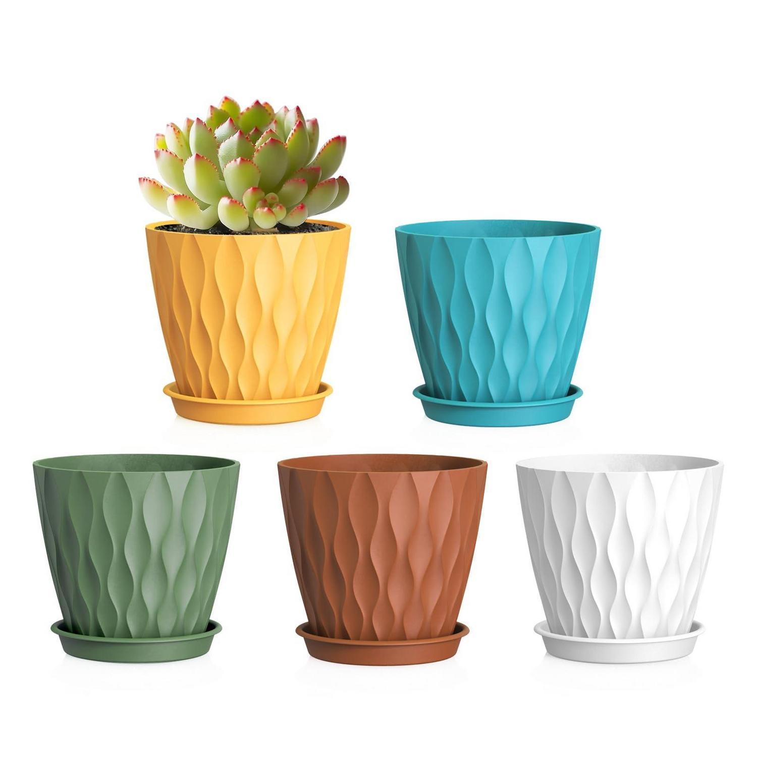 Blumentöpfe 5er Set Ø 10,2 Cm Mit Untersetzer, Kunststoff Anzuchttöpfe Mit Abflusslöchern, Wellenstruktur, Bunt