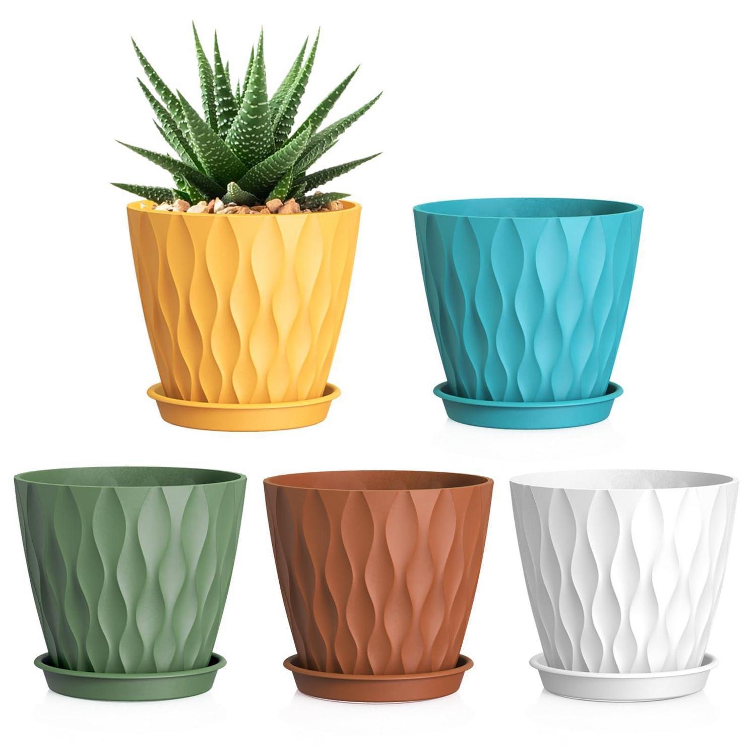 Blumentopf 5er Set Ø 15 Cm Mit Untersetzer, Kunststoff, 3d-wellenstruktur, Für Innen & Außen