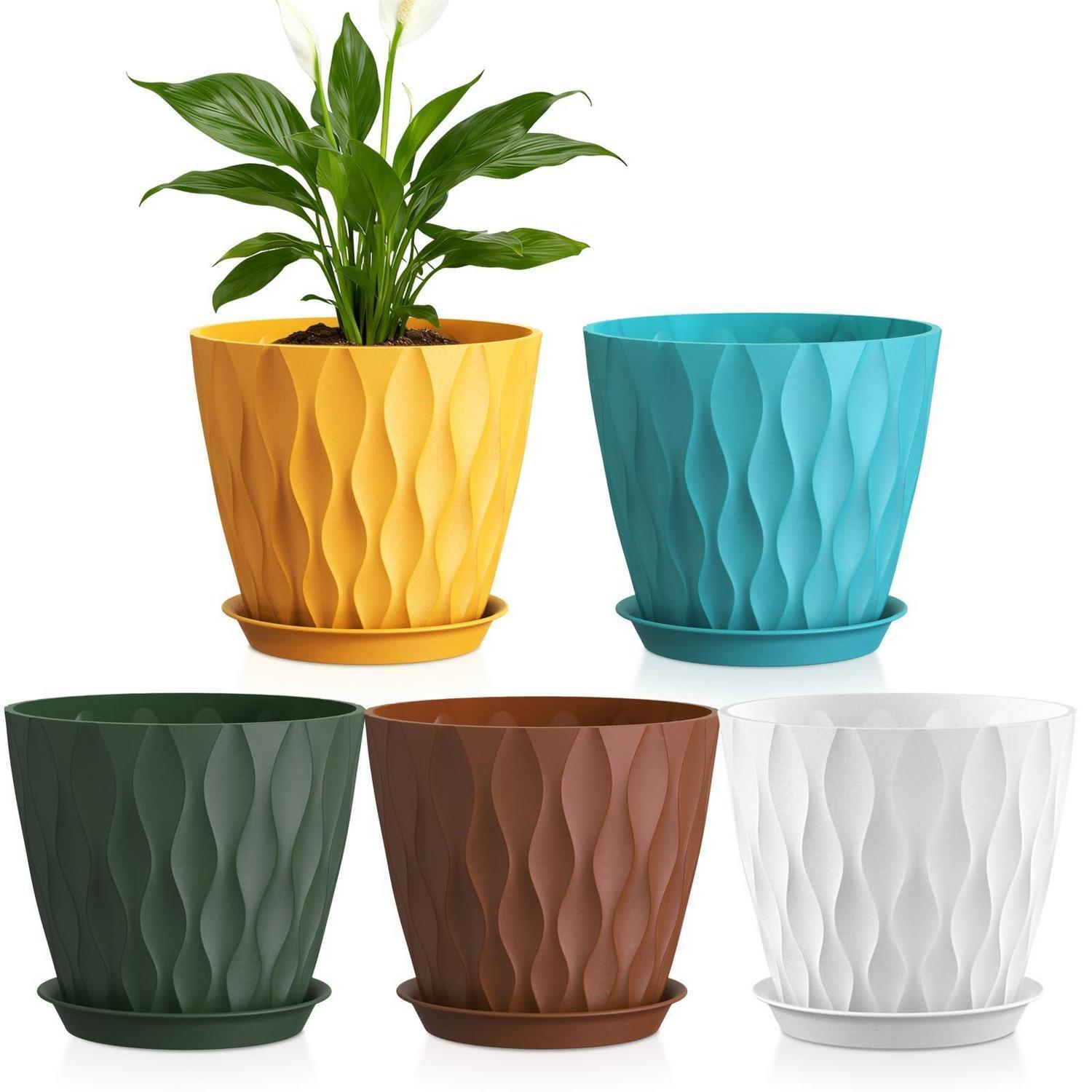 Blumentopf 5er Set Ø 17,6 Cm Mit Untersetzer, Kunststoff, 3d-wellenstruktur, Für Innen & Außen