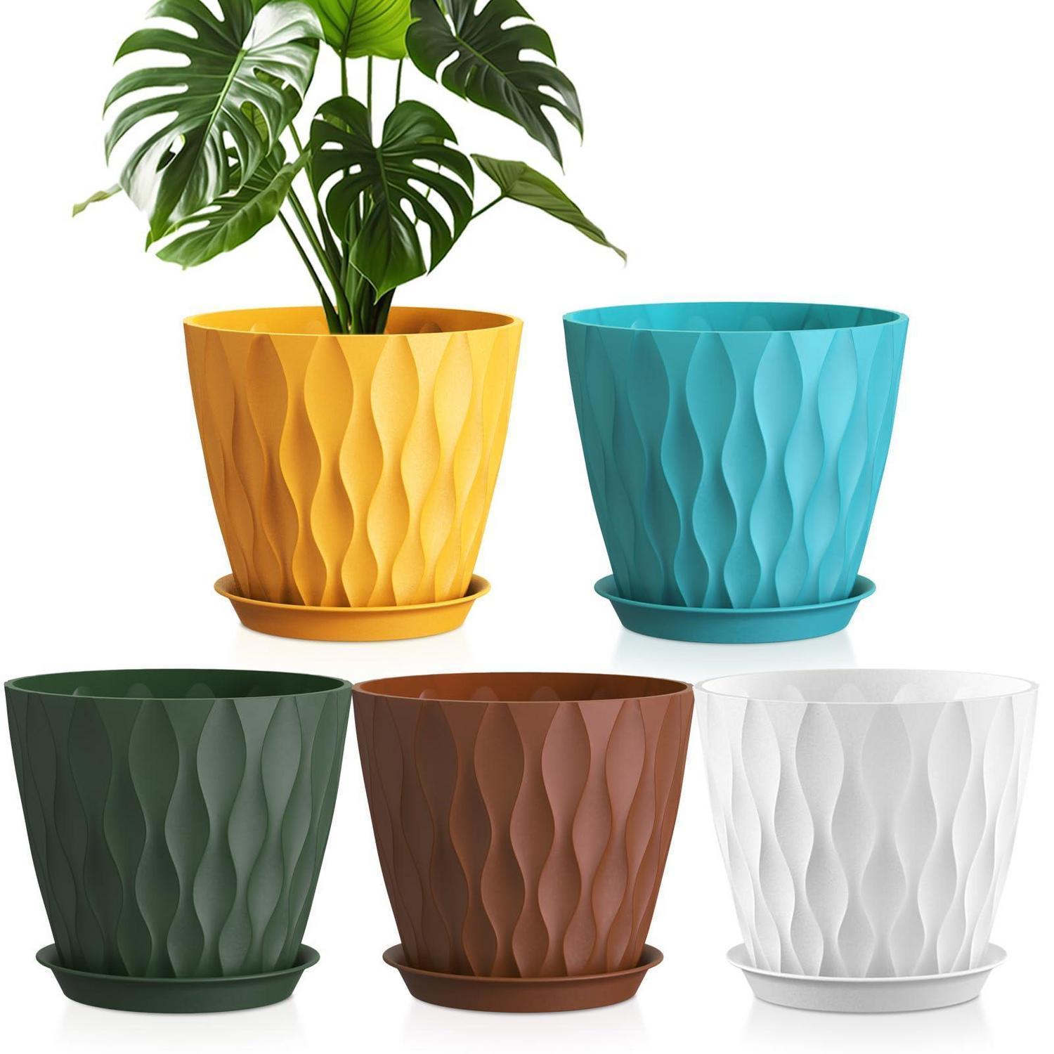 Blumentöpfe 5er Set Ø 20 Cm Mit Untersetzer, Kunststoff Pflanztöpfe Mit Abflusslöchern, 3d Wellenstruktur, Für Innen & Außen