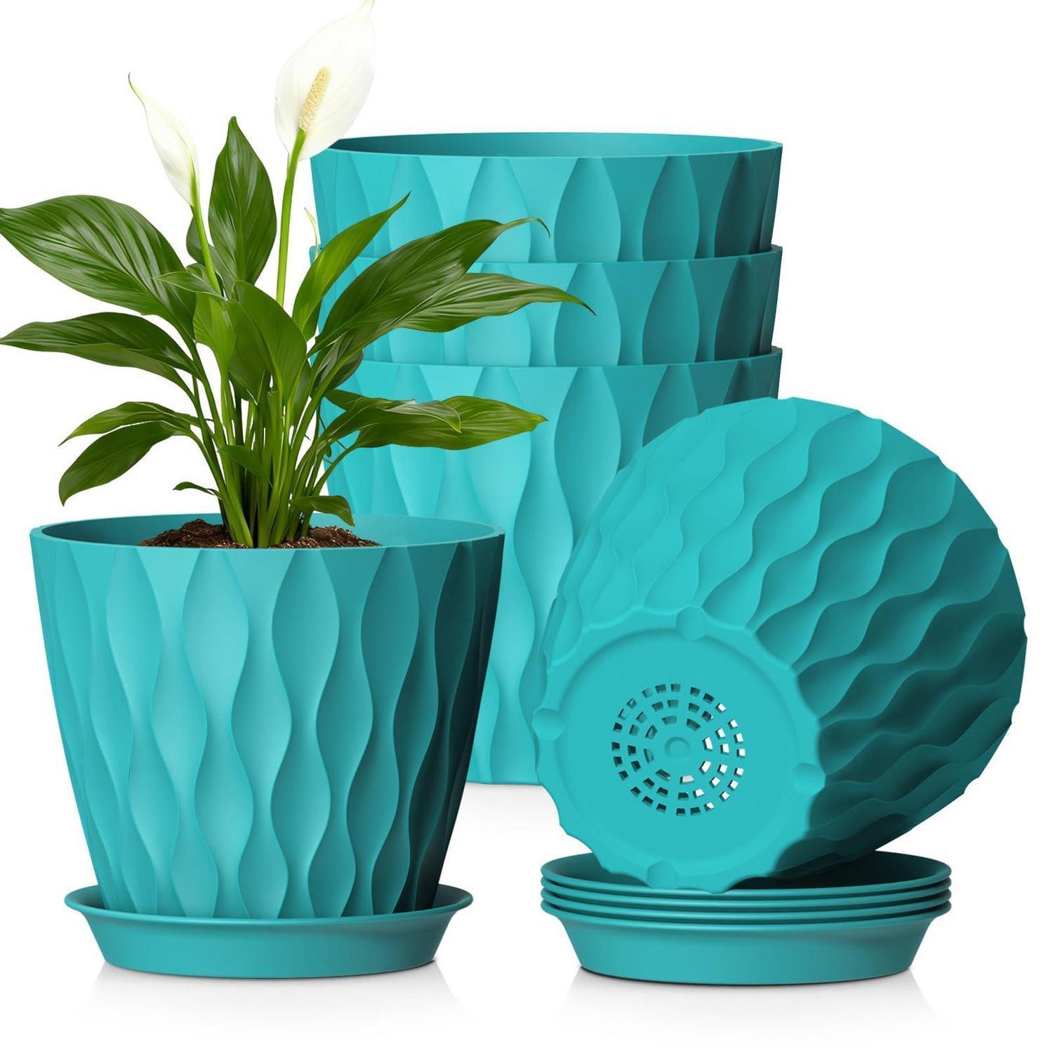 Blumentopf 5er Set Ø 17,6 Cm Mit Untersetzer, Kunststoff, 3d-wellenstruktur, Blaugrün