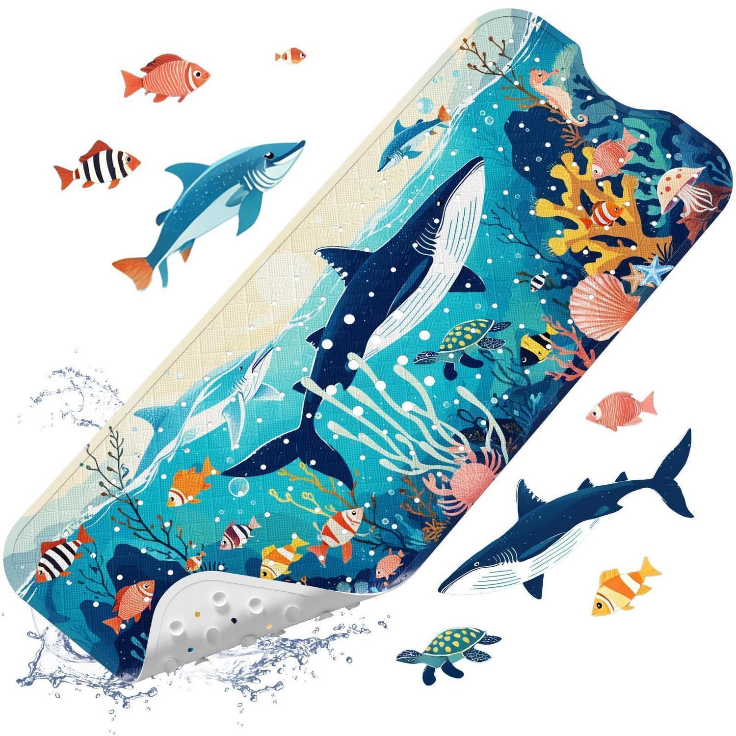 Badewannenmatte Kinder 100x40cm Rutschfest Bpa-frei Mit Saugnäpfen, Wal-design, Hellblau