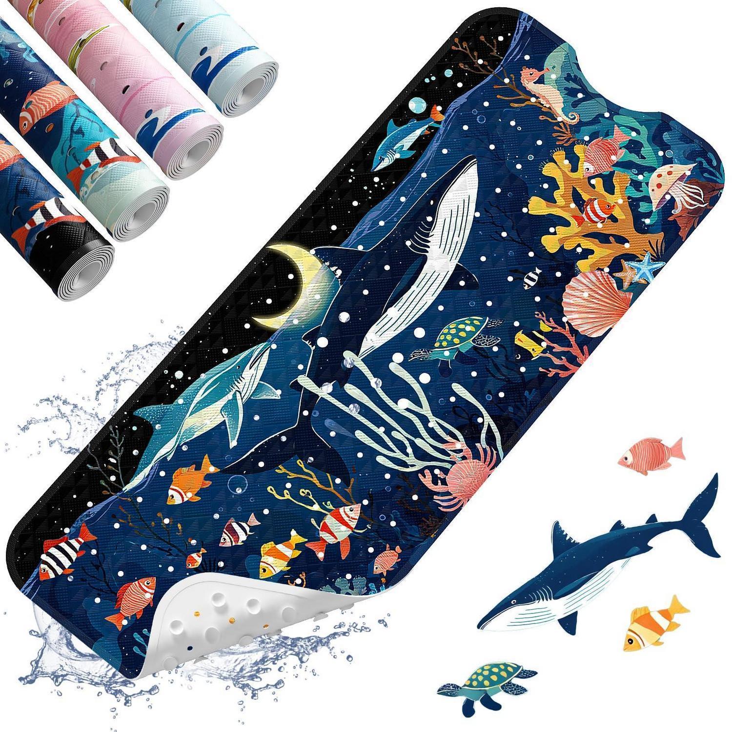 Badewannenmatte Kinder 100x40cm, Antirutschmatte Mit Saugnäpfen, Bpa-frei, Marineblau Wal-design