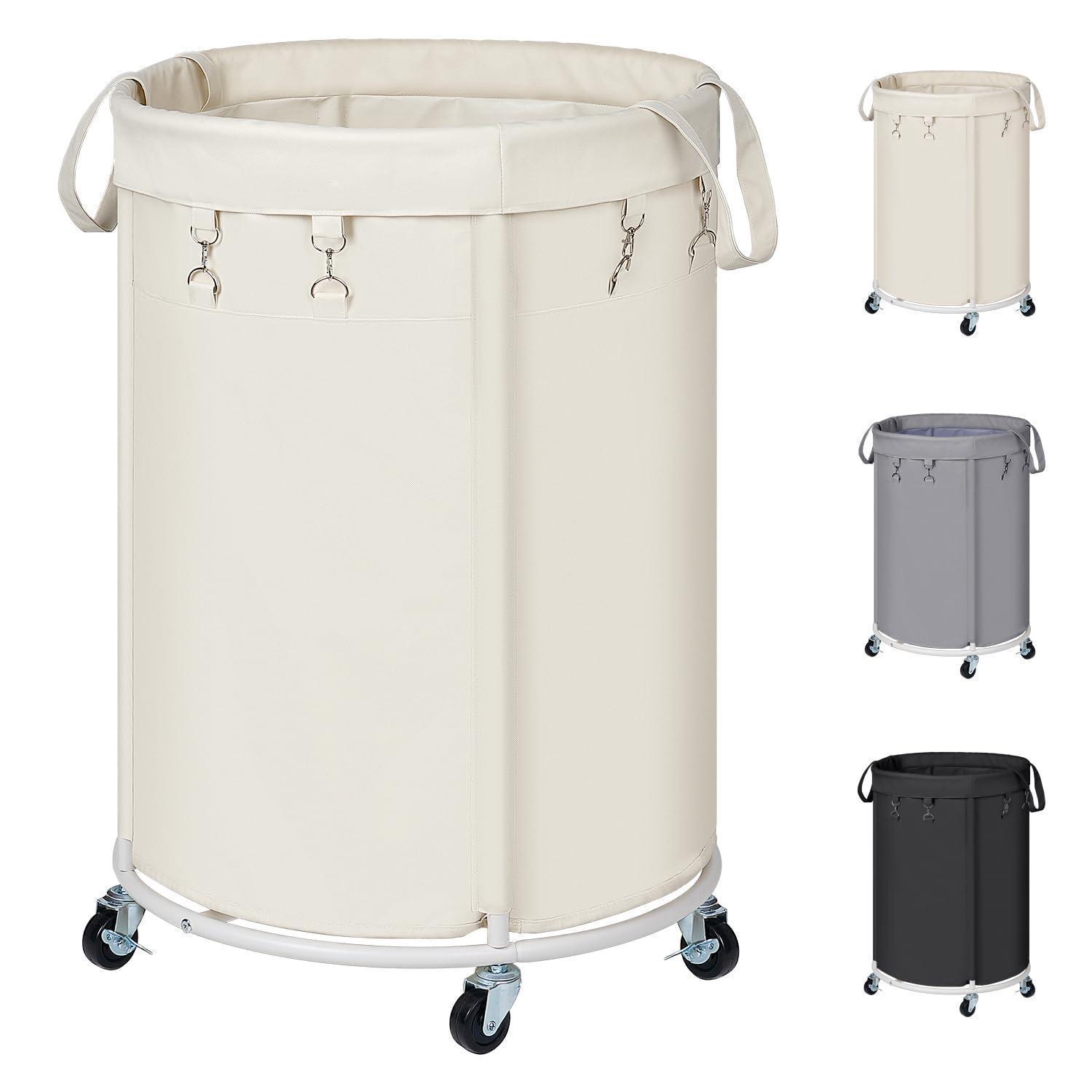 150l Wäschekorb Mit Rollen, Großer Wäschesammler Mit Metallrahmen, Wasserdicht, Beige