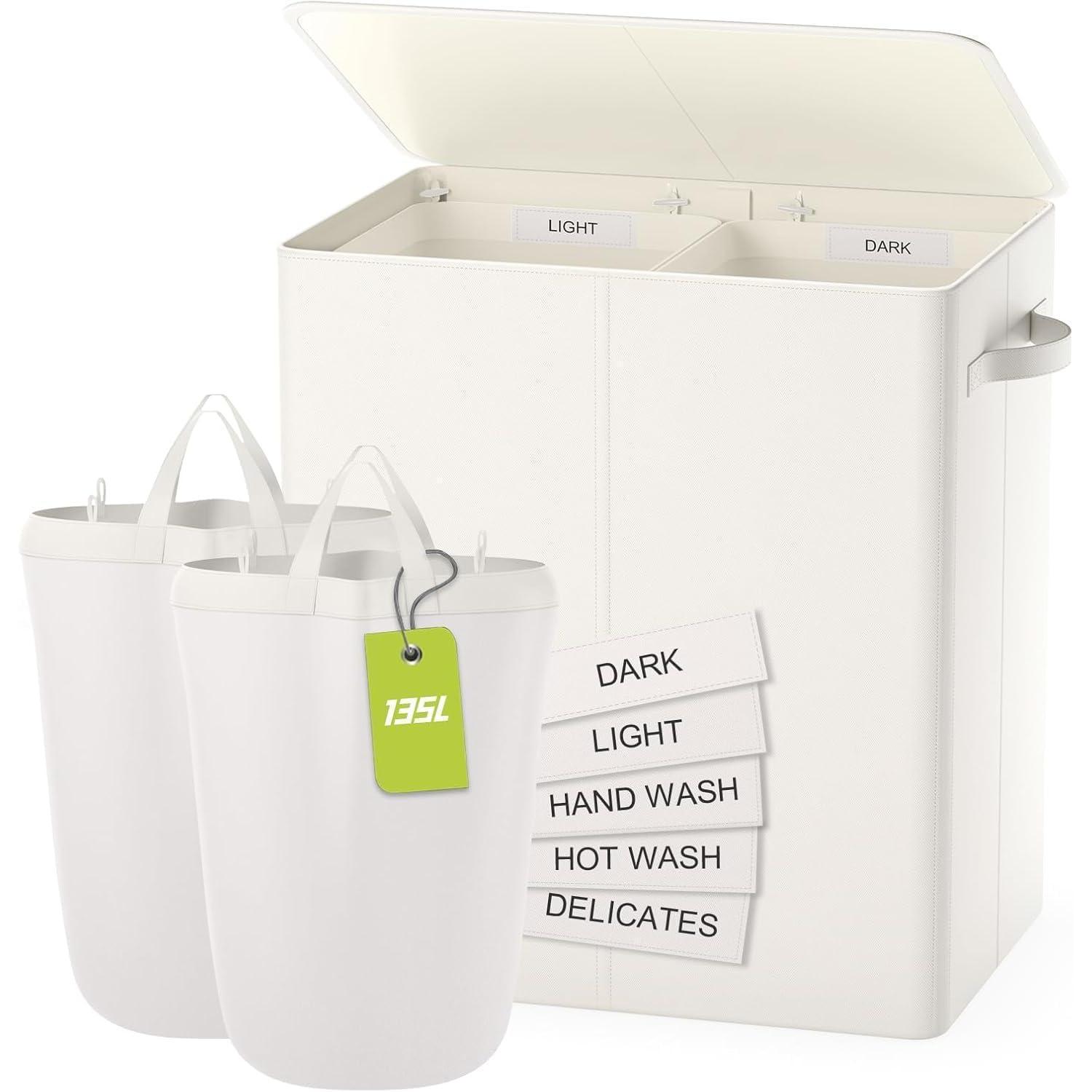 Wäschekorb Mit Deckel, 135l, 2 Fächer, Faltbar, Beige