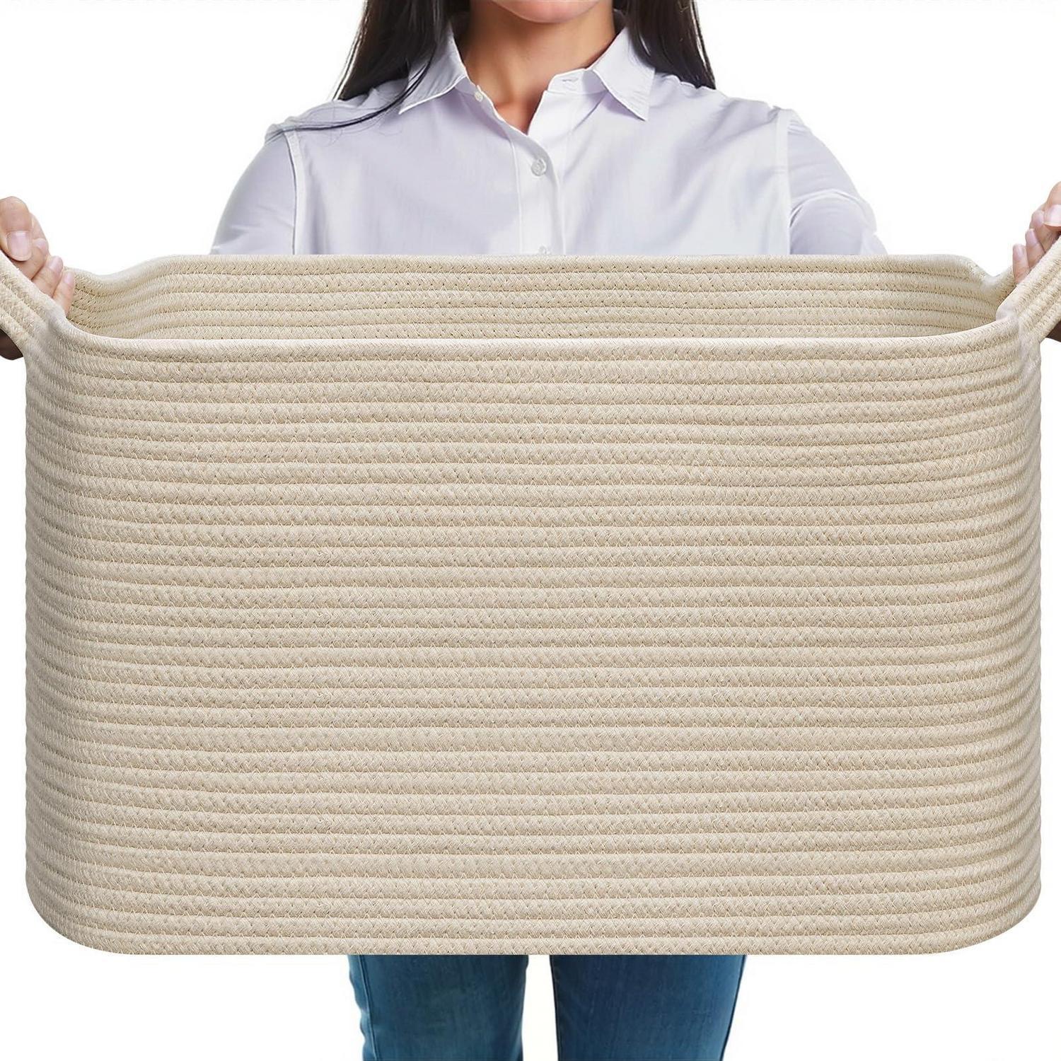 Faltbarer Wäschekorb 63l Aus Baumwolle, Geflochten, Beige