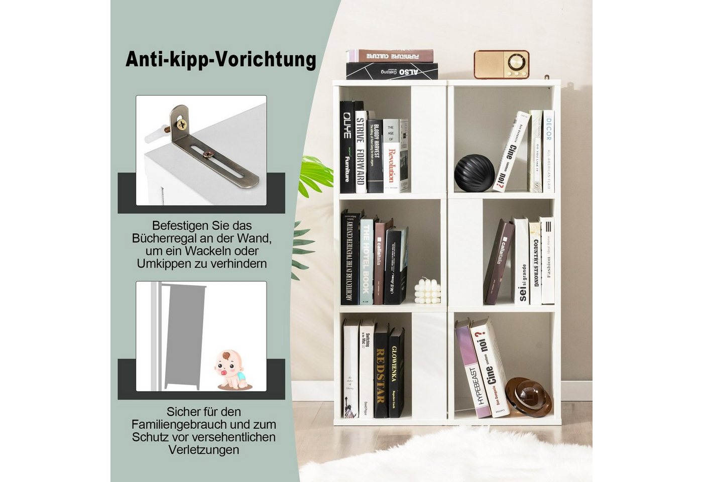 Costway 2er Set Bücherregal Aus Holz mit 3 Ebenen & Kippsicherung Weiß Bild 4