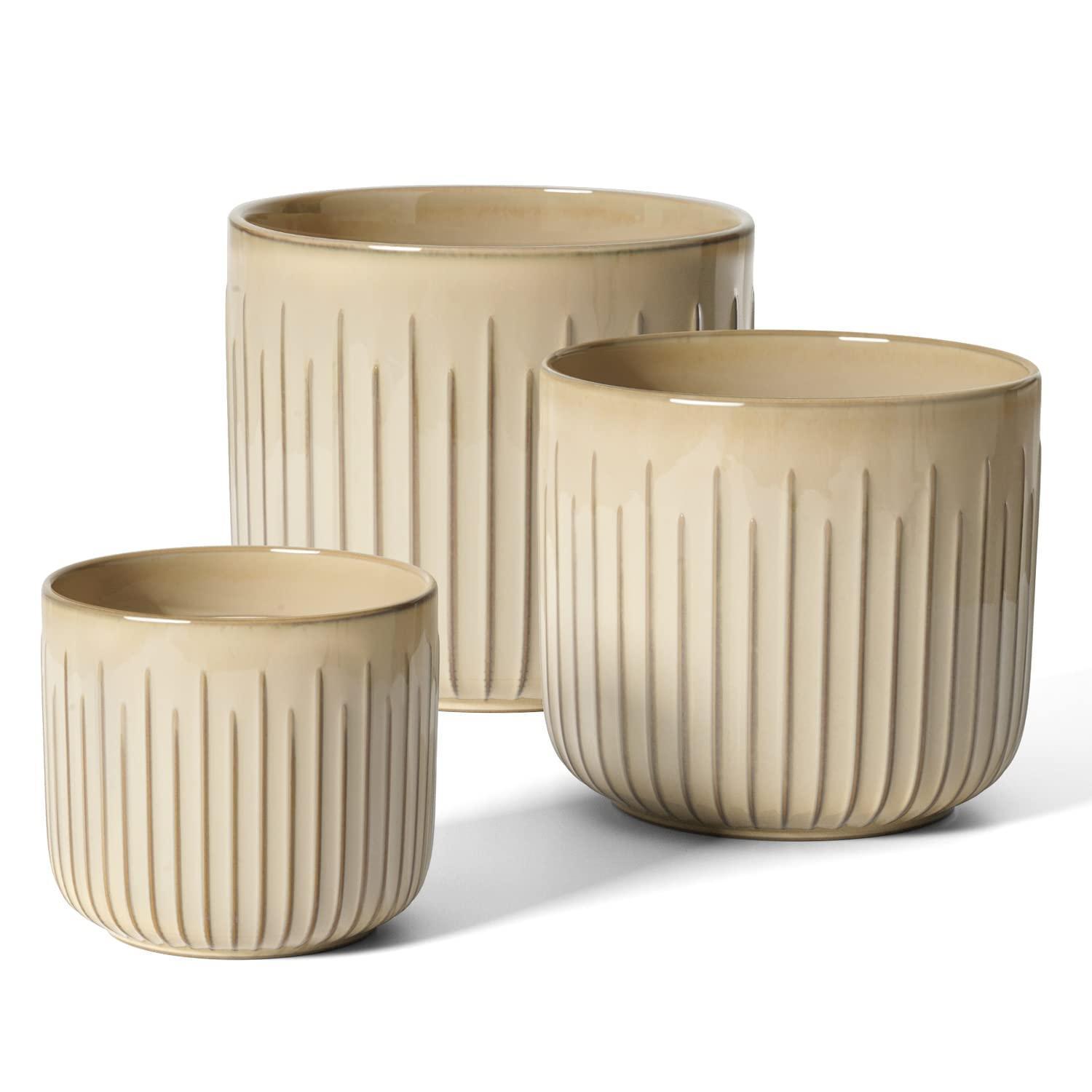 3er Set Blumentöpfe Keramik Beige 21+17+14 Cm Mit Drainageloch