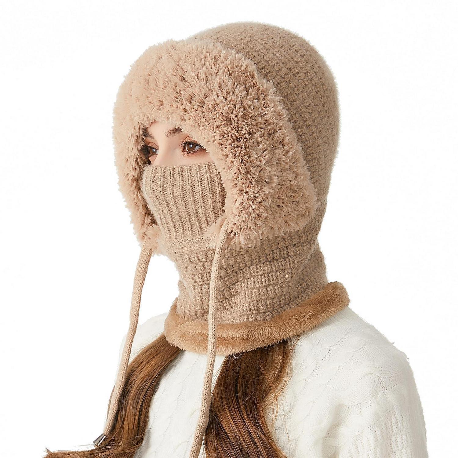 Sturmhaube Damen 3-in-1 Thermo-fleece-haube Mit Schal Und Gesichtsschutz, Winddicht, Beige