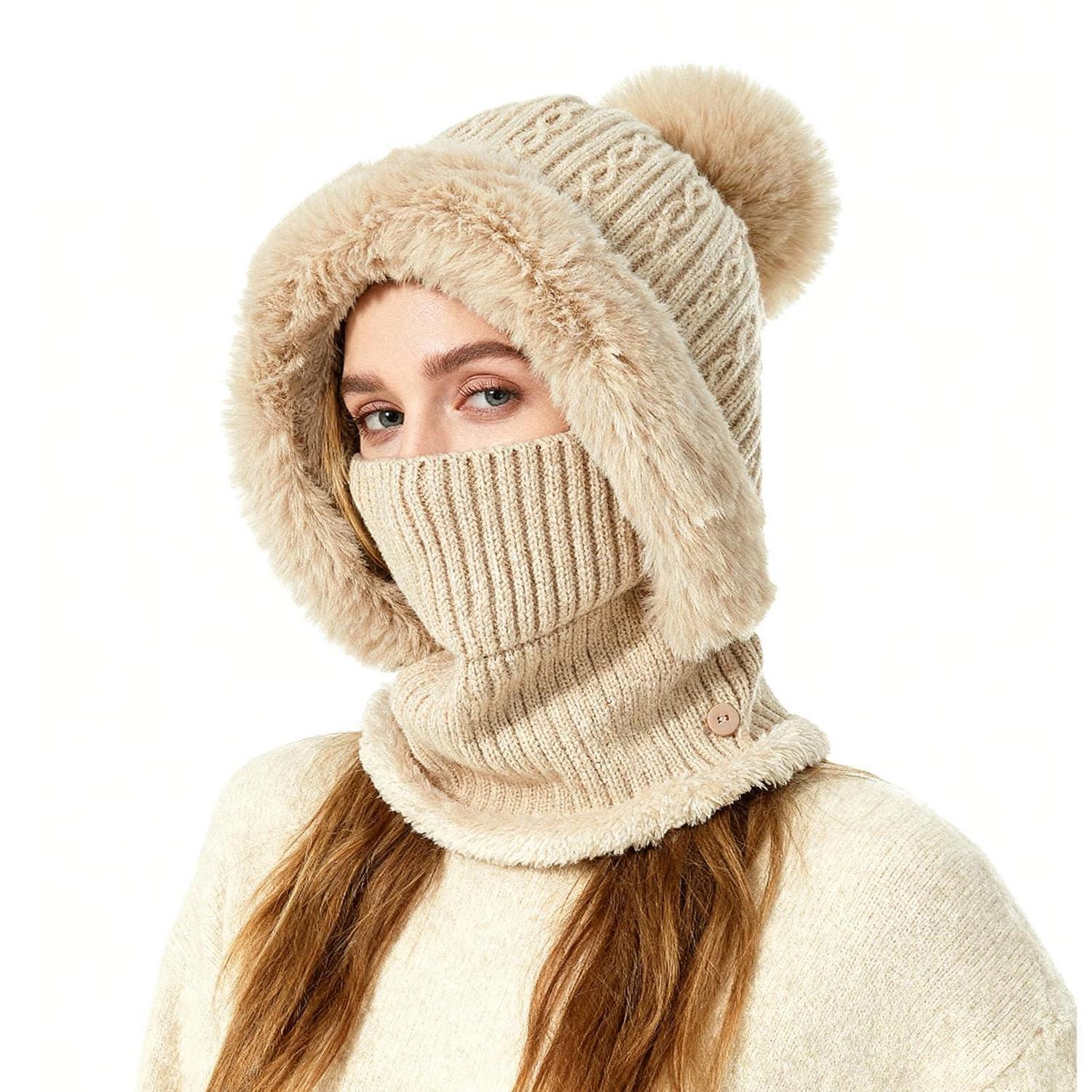 Strickmützen-set Mit Halswärmer Und Gesichtsmaske, Warm Gefüttert, Beige