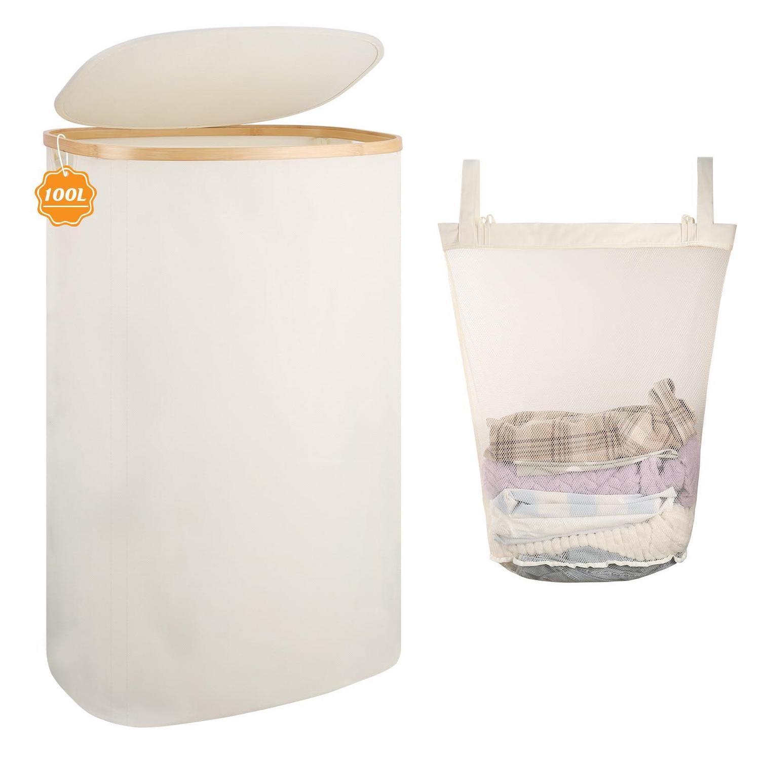 Wäschekorb 100l Mit Deckel, Faltbar, Aus Bambus Und Polyester, Beige