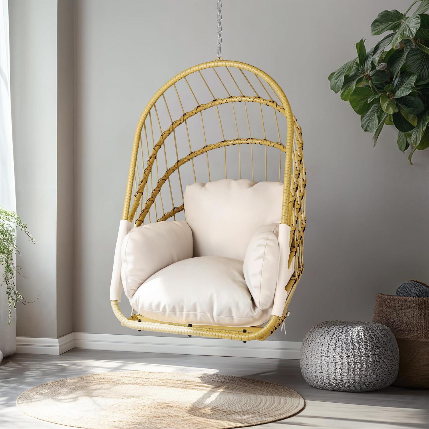 Hängesessel Rattan Klappbar Mit Waschbarem Kissen, 160kg Tragkraft, Beige
