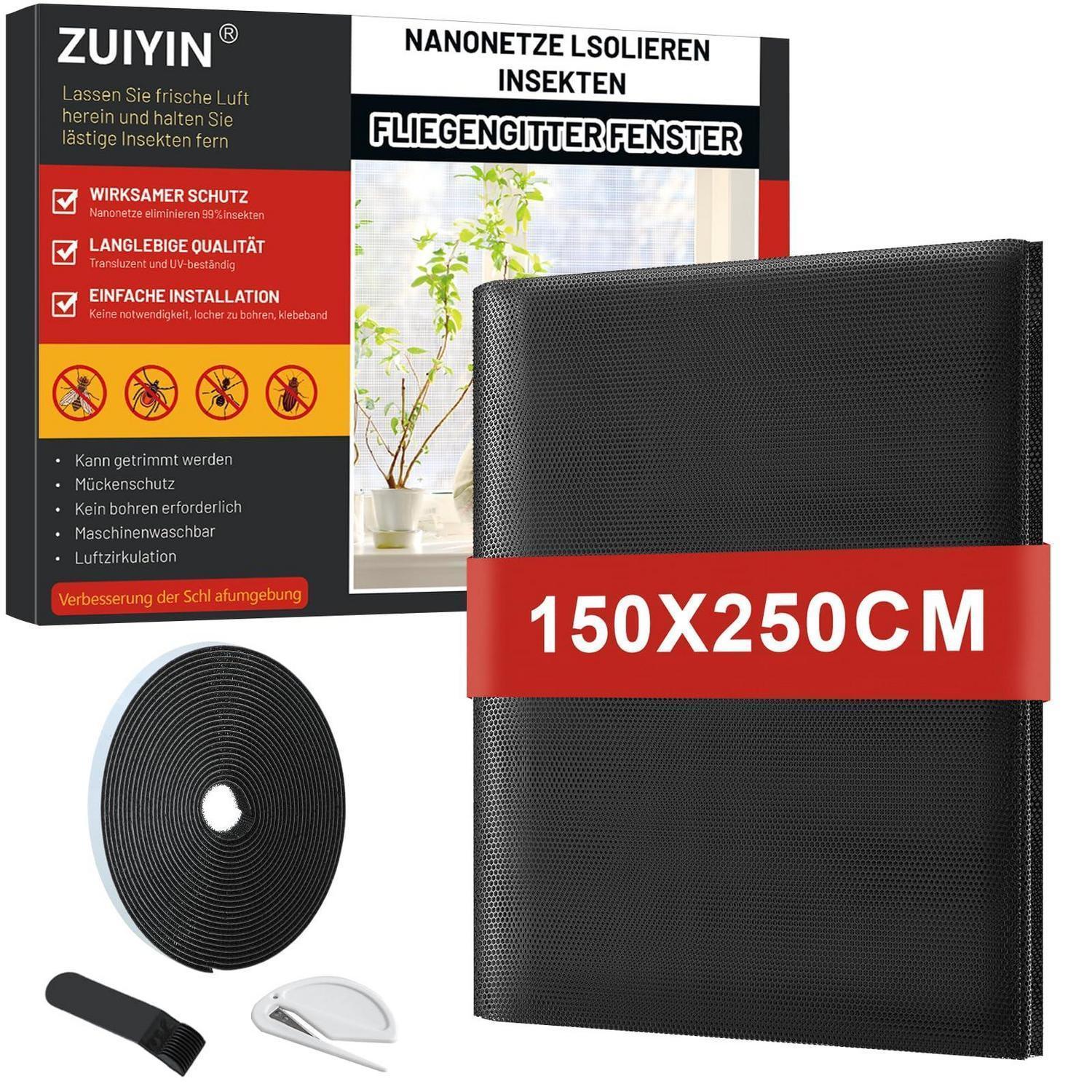 Fliegengitter Fenster 150x250cm Ohne Bohren, Insektenschutz Mit Klettband, Mückennetz Schwarz