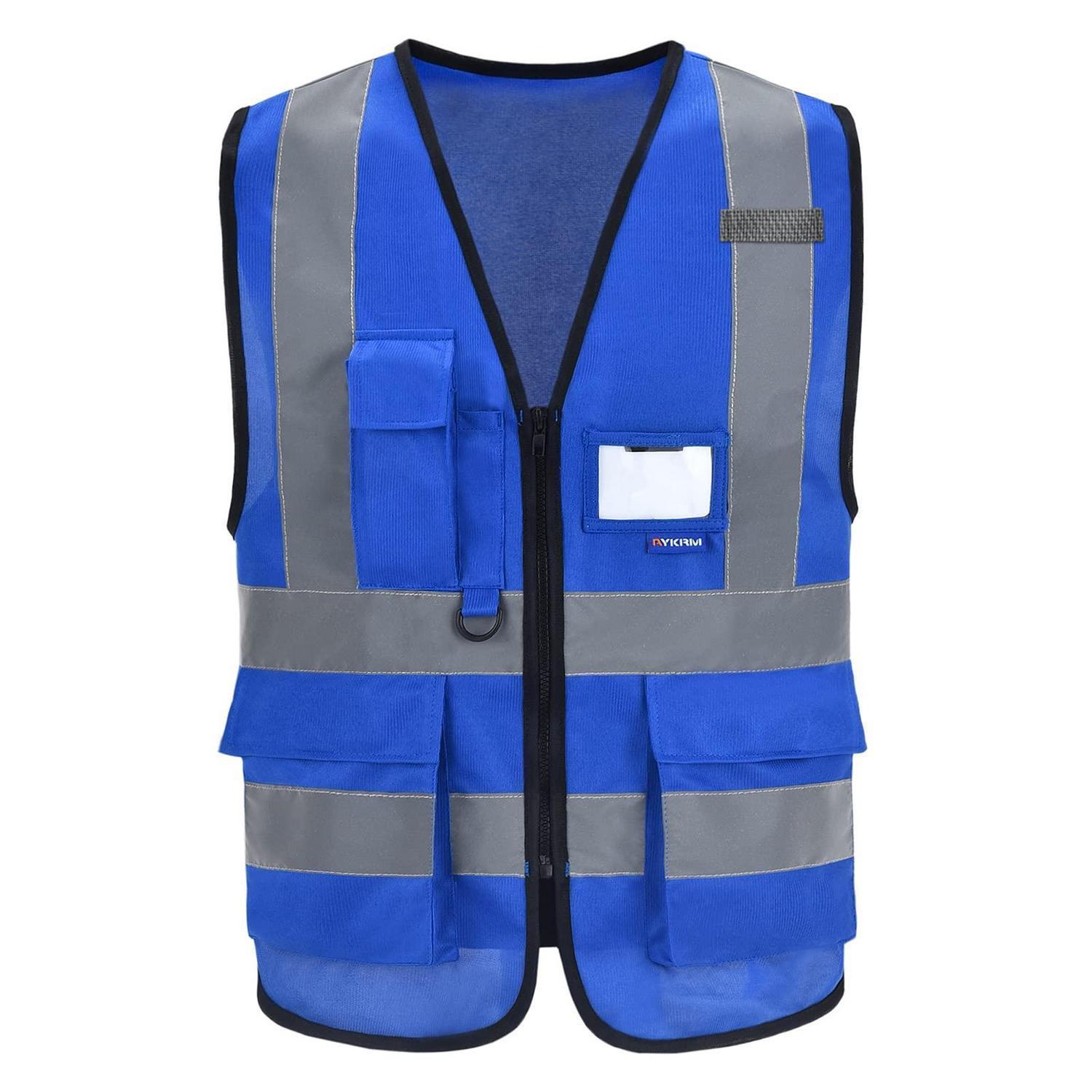 Warnweste Mit Reflektorstreifen, Reißverschluss Und Taschen, Blau, Größe L