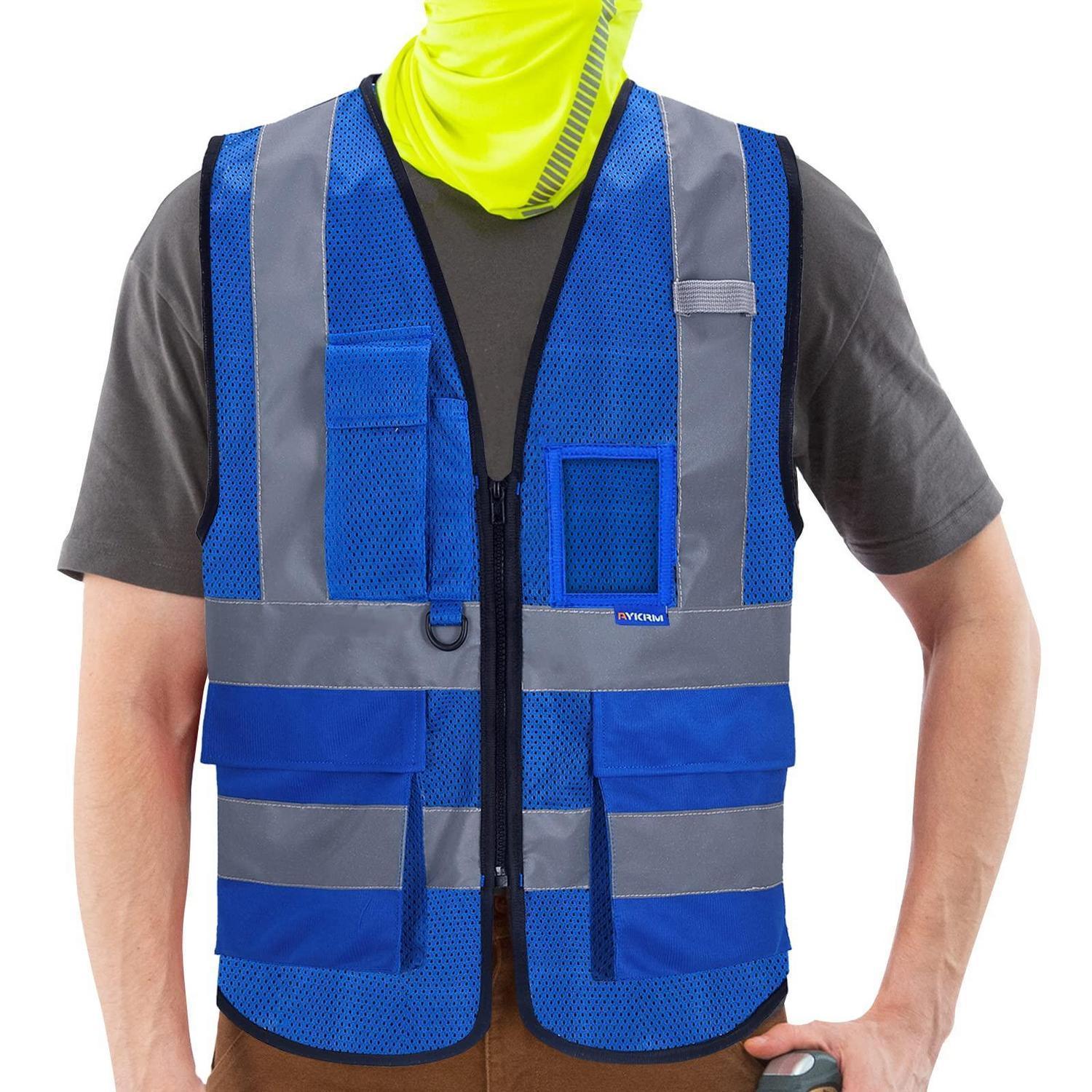 Warnweste Blau Mesh Mit Reißverschluss Und Taschen, Größe L