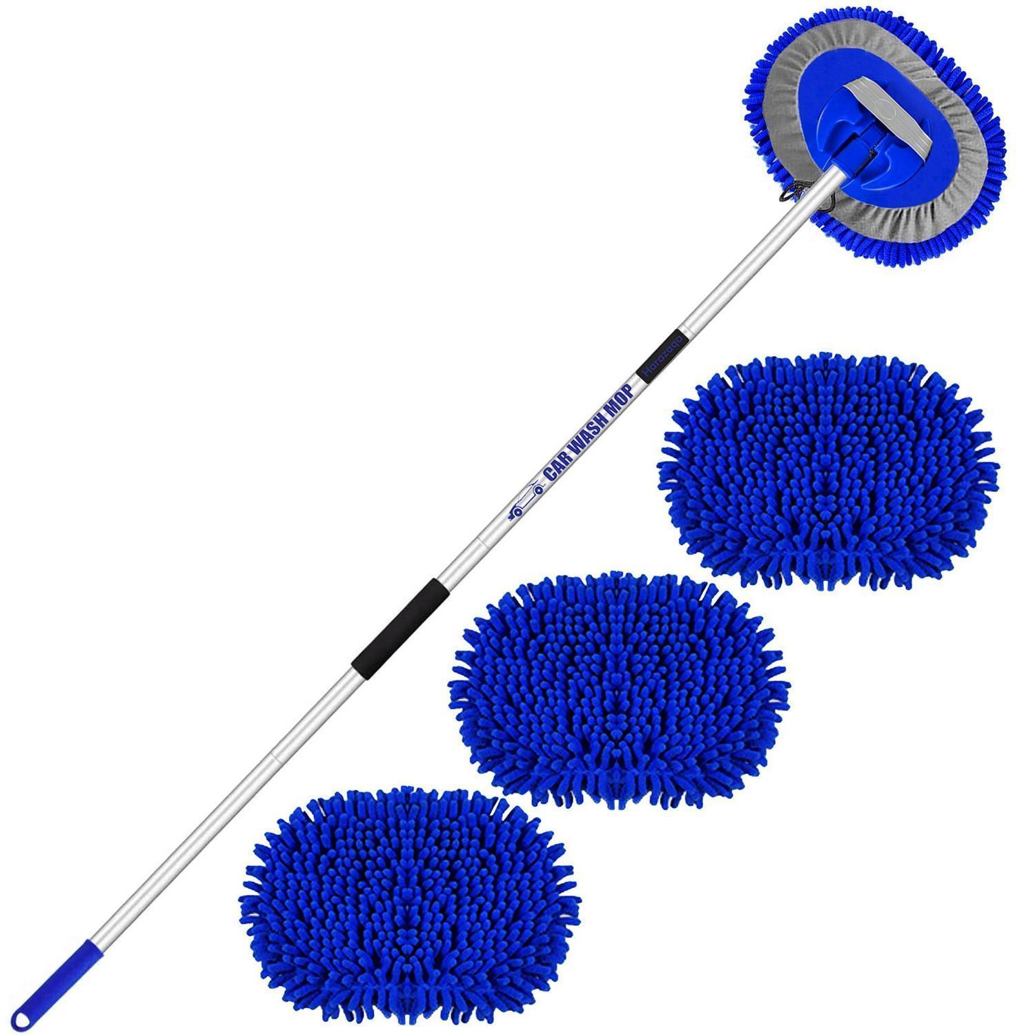 Autowaschbürste Mit Teleskopstiel 160cm, 2-in-1 Reinigungsset, 3x Mikrofaserköpfe