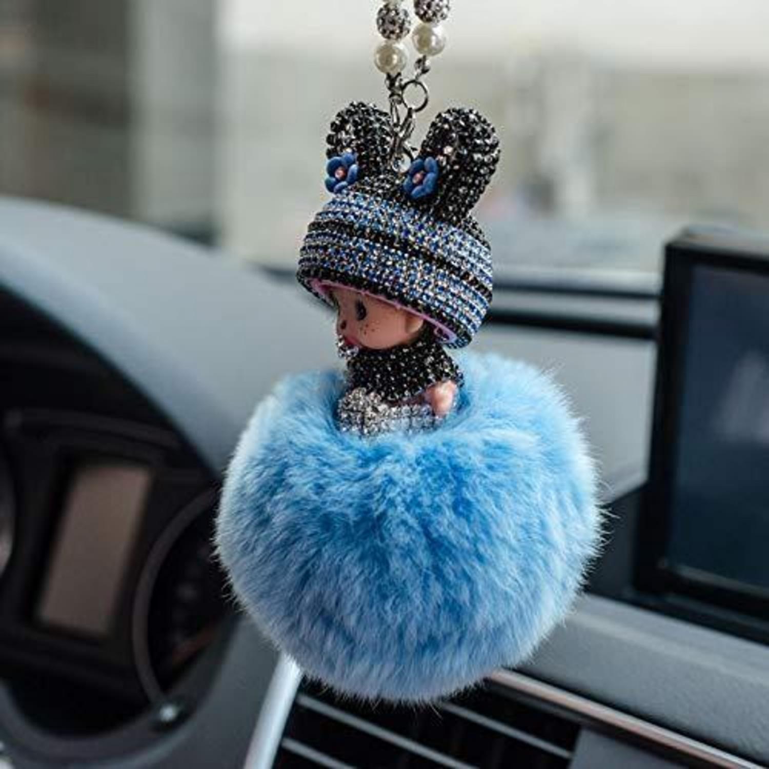 Auto Rückspiegel Anhänger Mit Strass-puppe Und Plüschball, Blau