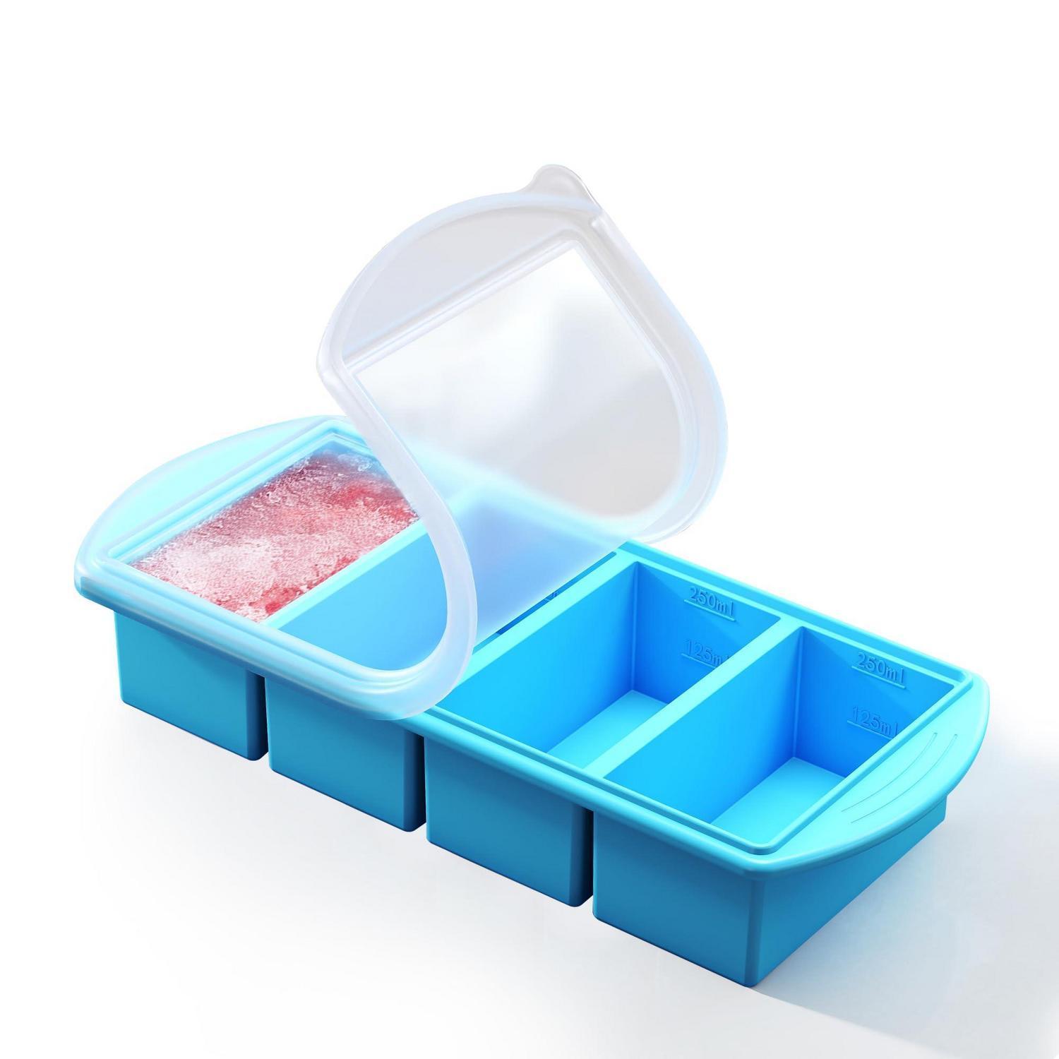 Gefriertablett Silikon Blau Mit Deckel, 250ml Portionen, Stapelbar