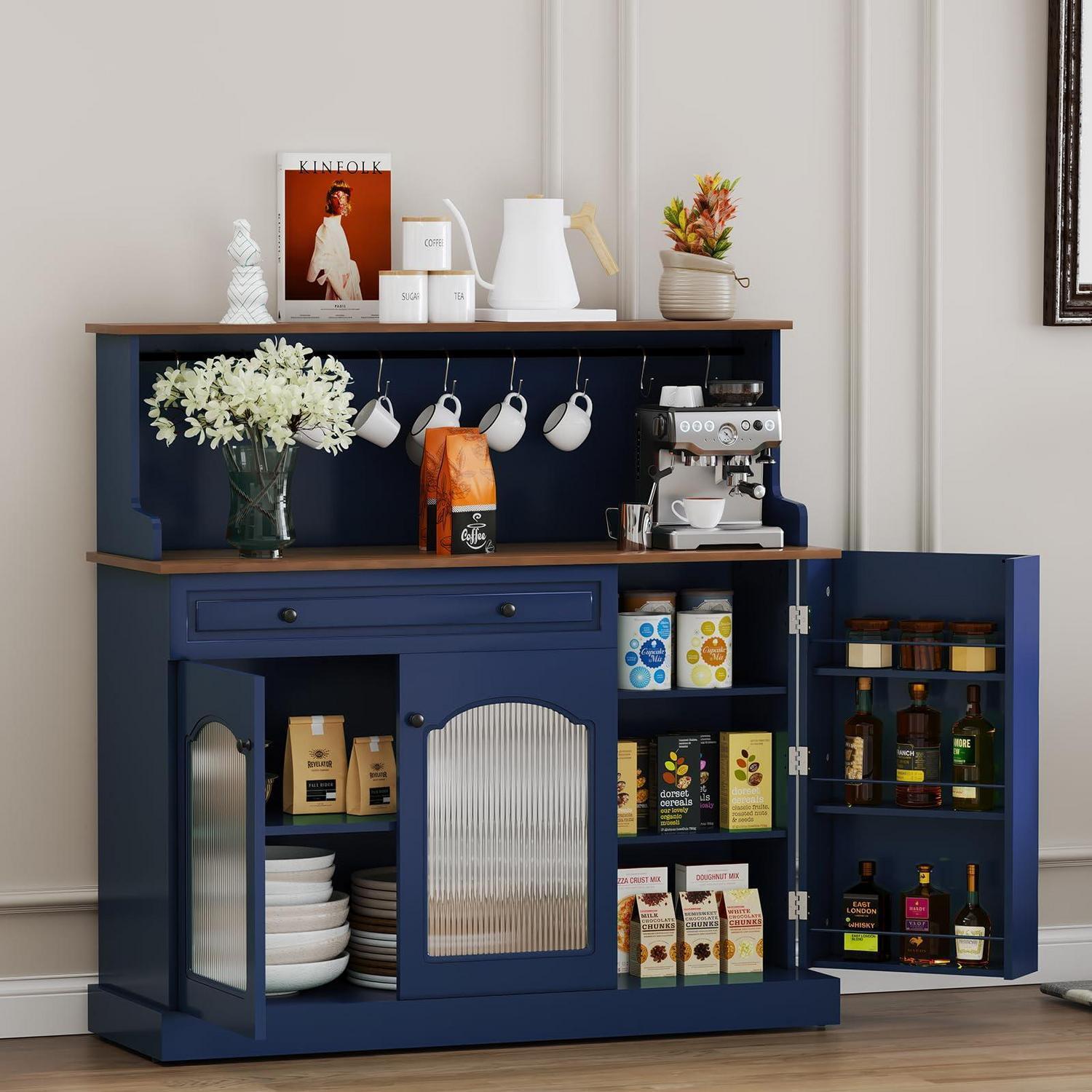 Küchenschrank Mit Arbeitsplatte, Blau, 120x120x40cm, Mit Schublade Und Glastüren