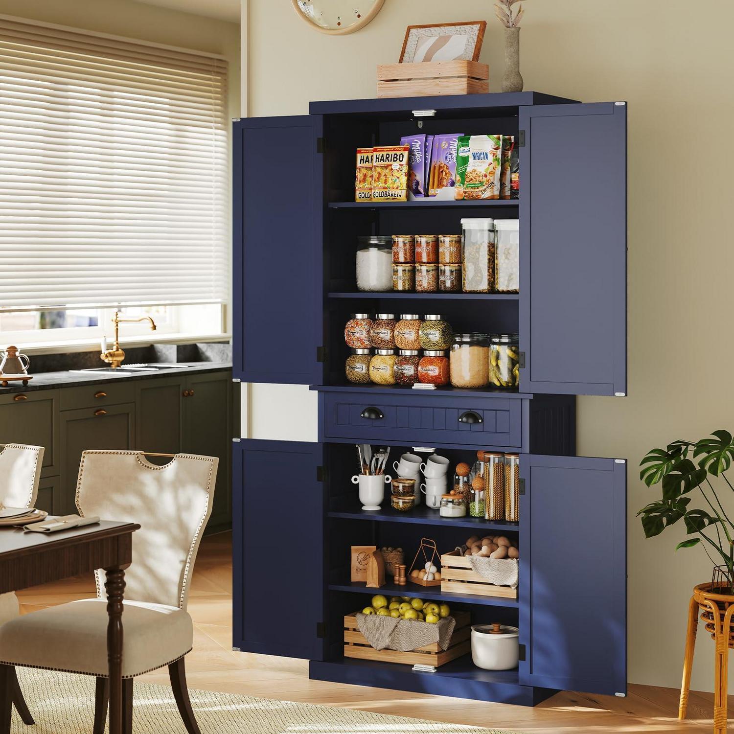Küchenschrank Mit Türen Und Regalen, Vorratsschrank Blau, Esszimmerschrank