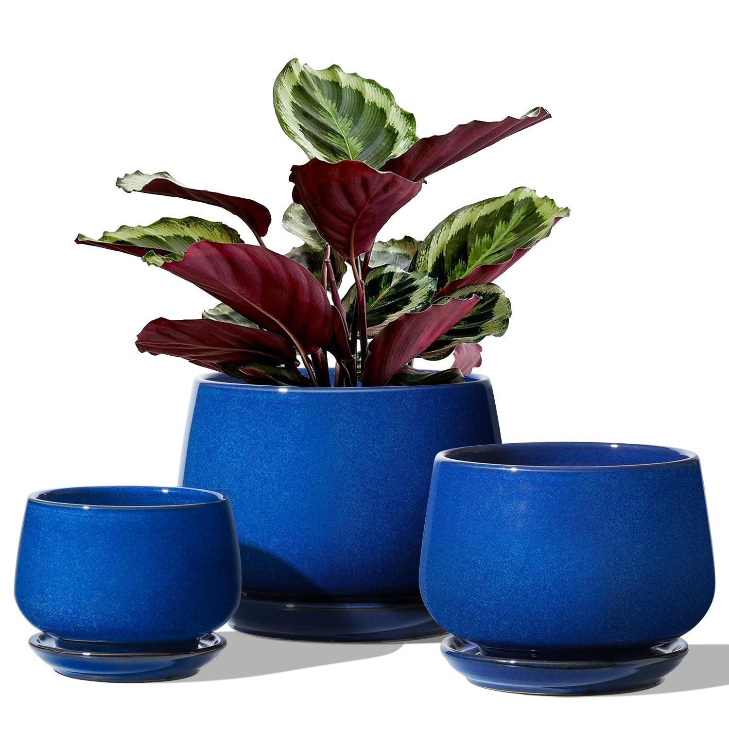 Keramik Blumentöpfe Mit Untersetzer, 3er Set, 10-16 Cm, Schatz Blau