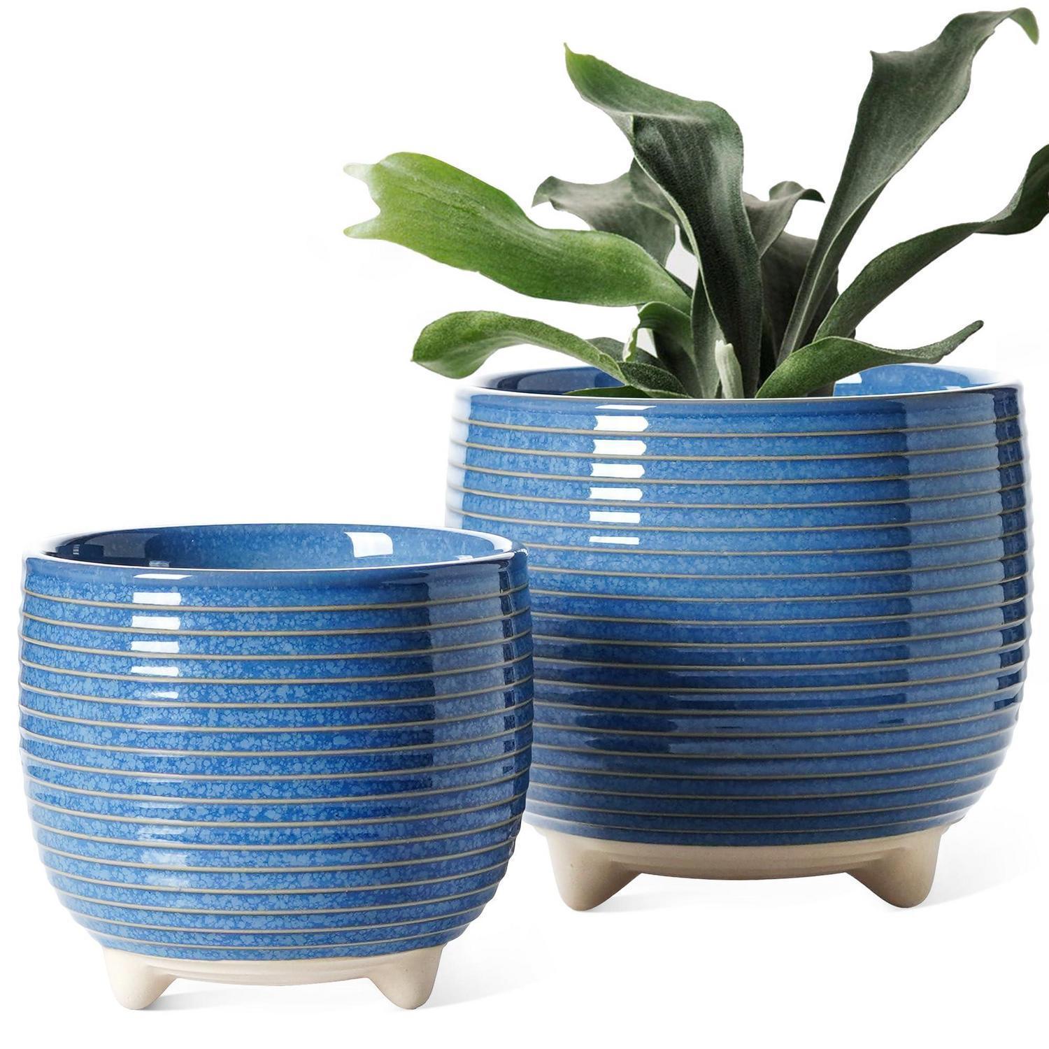 Keramik Blumentopf Set Mit Füßen, 2er Pack, Blau, 12+16 Cm