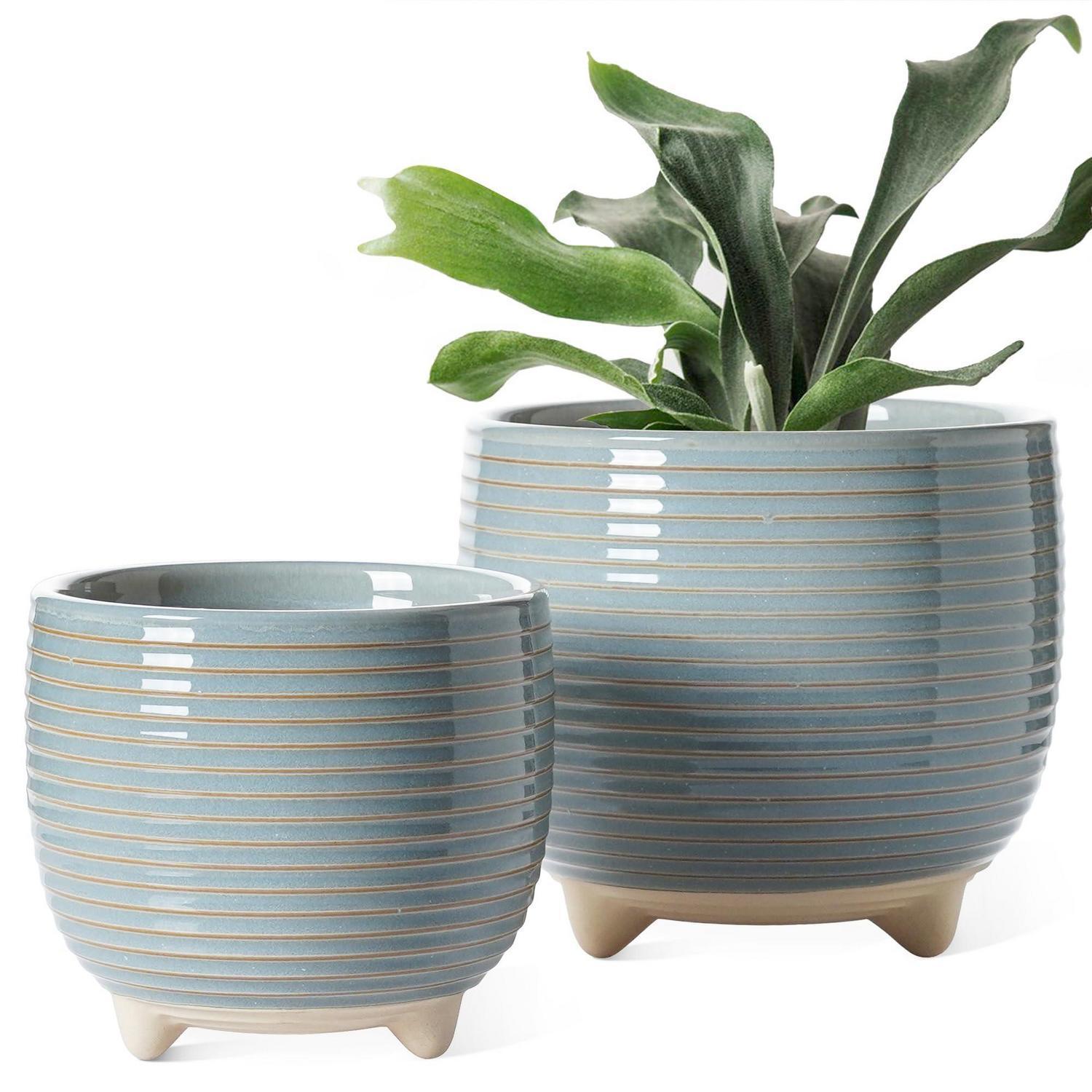 Keramik Blumentopf Set Mit Füßen, 2er Pack, Blau Grau, 12+16 Cm