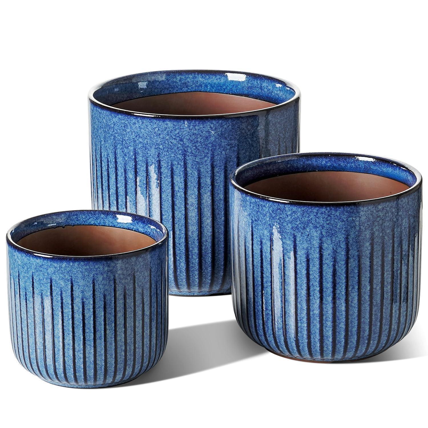 3er Set Blumentöpfe Keramik Ozeanblau Mit Drainageloch, 14-21 Cm