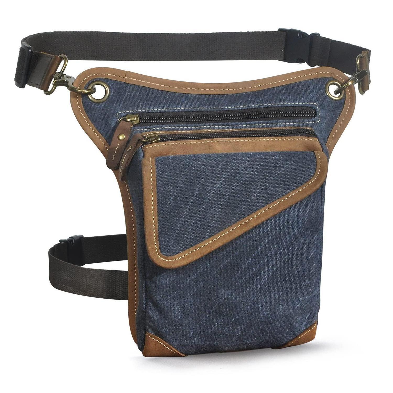 Herren Motorrad Beintasche Canvas Leder Wasserdicht Reise Umhängetasche Blau