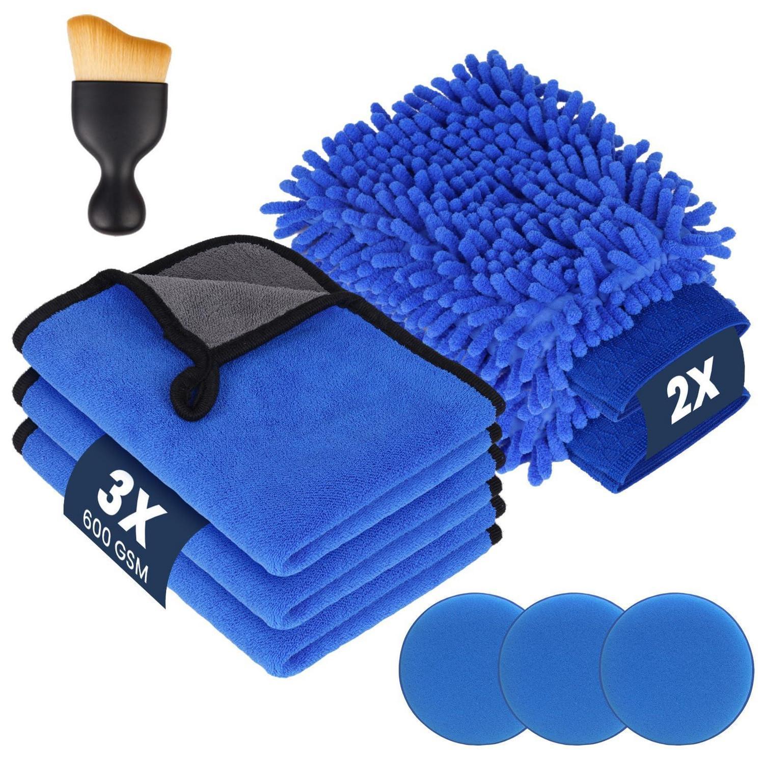 Autopflege Set 9-teilig: 3x 600gsm Mikrofasertücher, 2x Waschhandschuh, 3x Polierschwamm, 1x Bürste