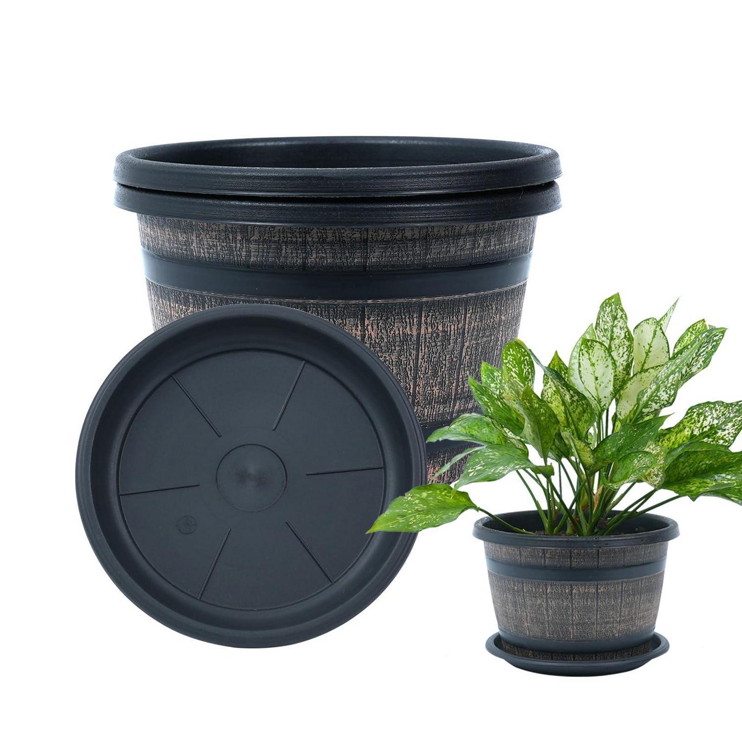 Blumentopf Set 3er, Whiskyfass Design, 25cm Ø, Mit Untersetzer, Kunststoff, Für Innen & Außen