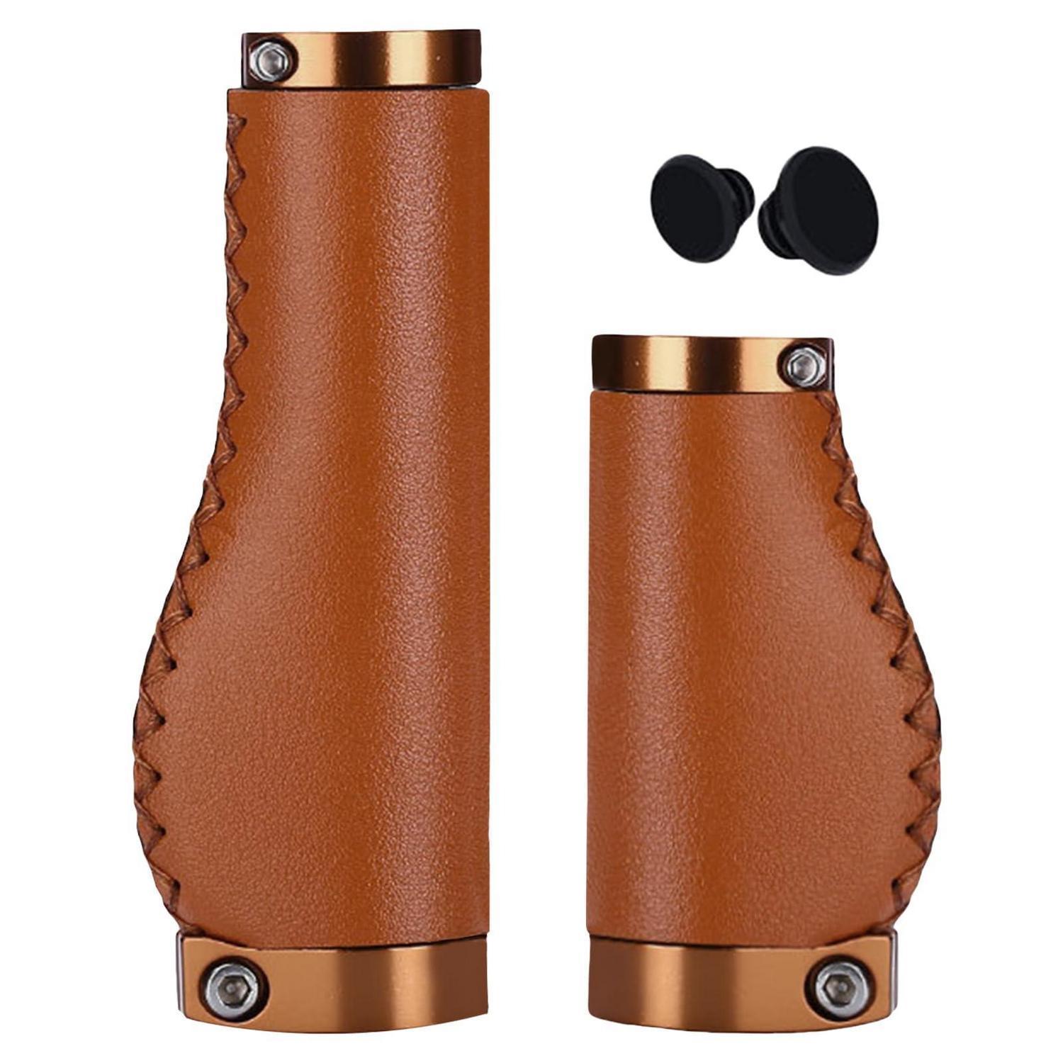 Ergonomische Fahrradgriffe Leder Braun, Stoßdämpfend, Rutschfest, Doppelverschluss, 22mm Lenker